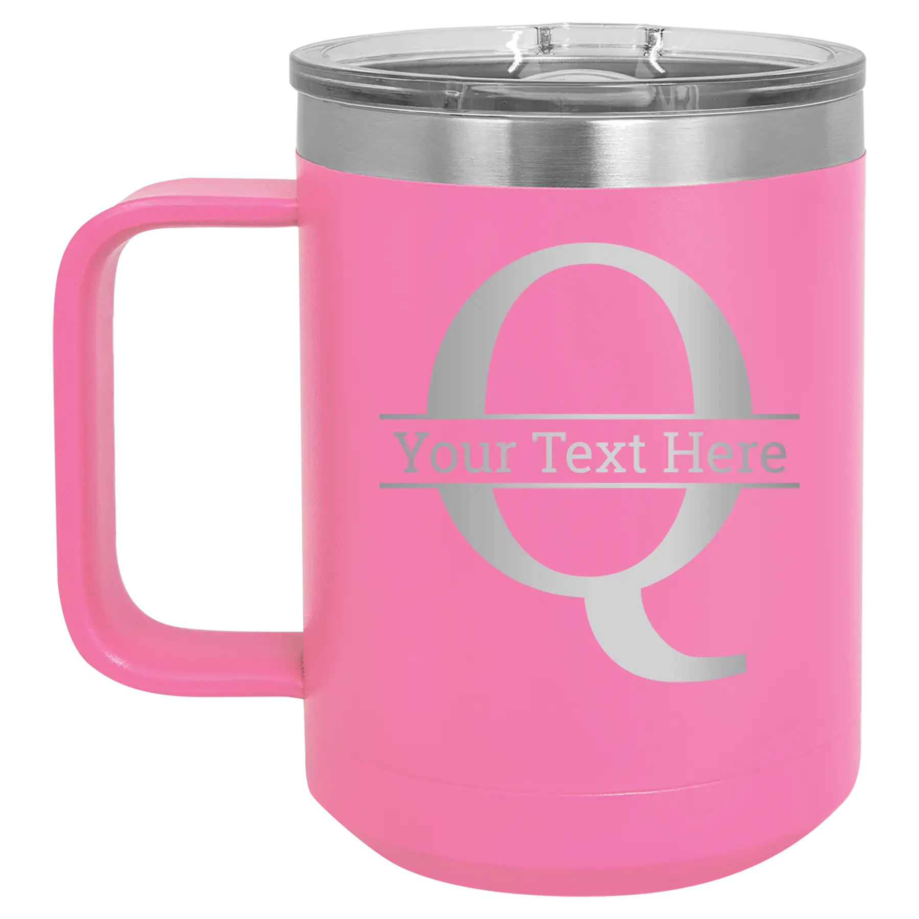 Personalized pink 15 oz vacuum insulated coffee mug with 'Monogram letter Q' design