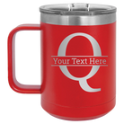Personalized red 15 oz vacuum insulated coffee mug with 'Monogram letter Q' design