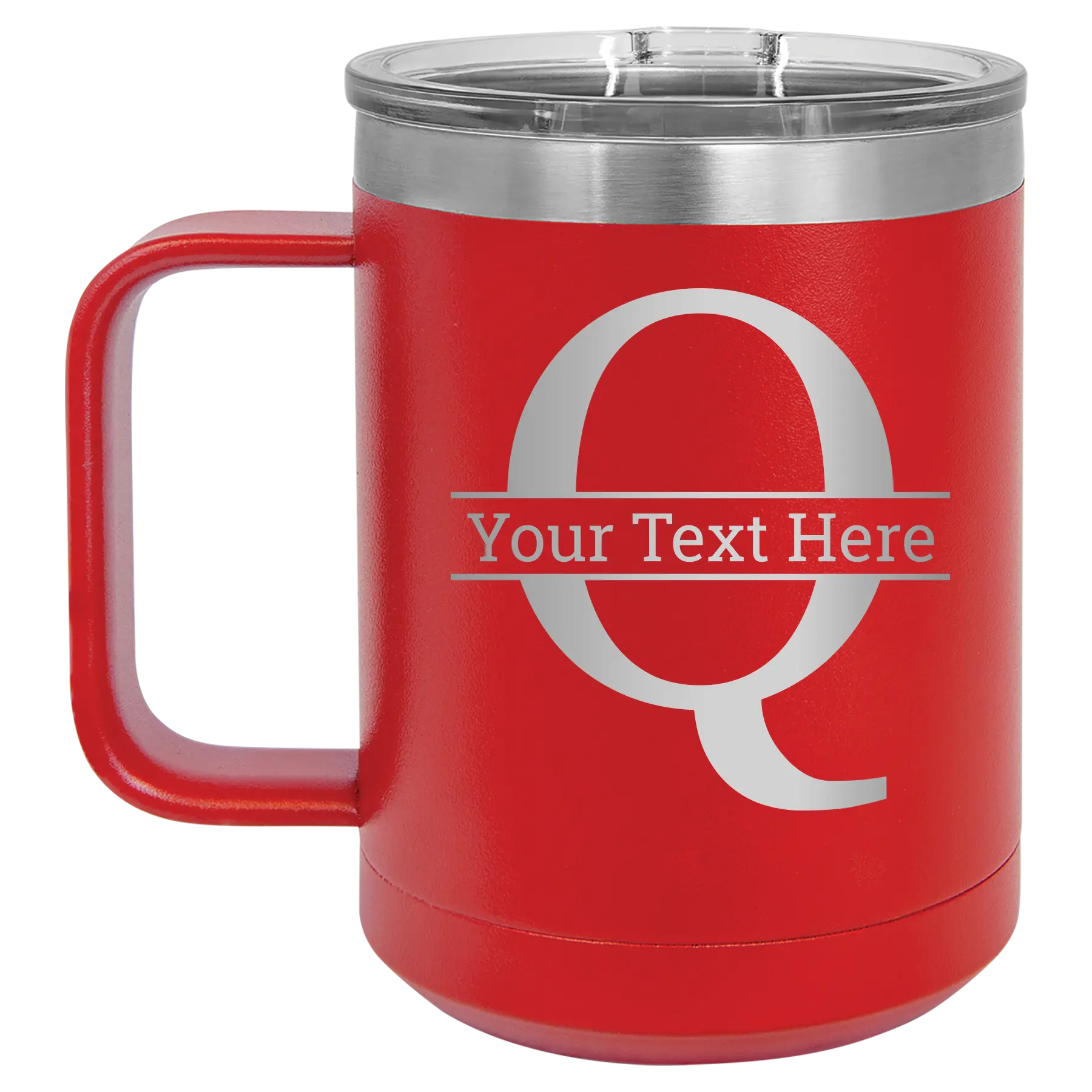 Personalized red 15 oz vacuum insulated coffee mug with 'Monogram letter Q' design