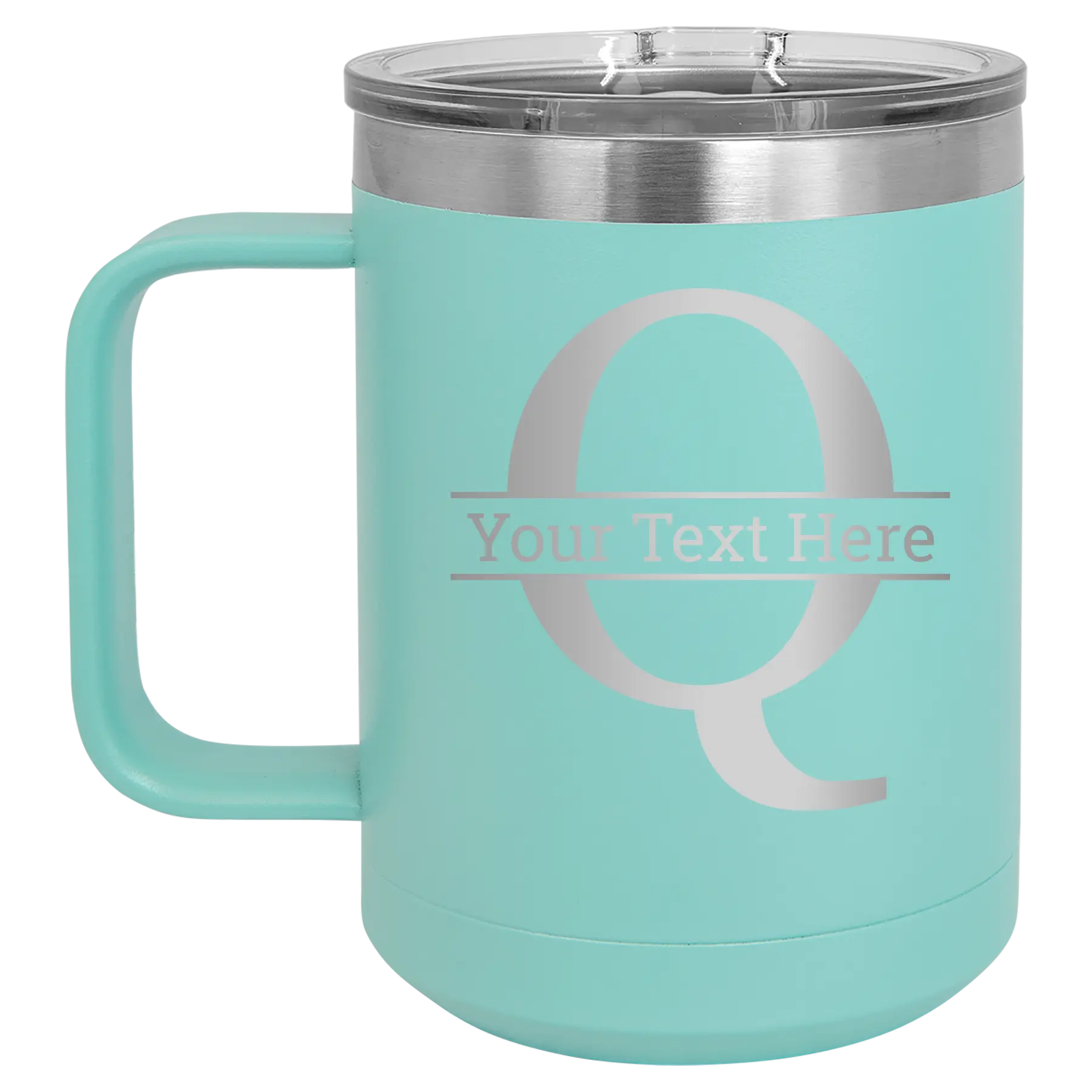 Personalized teal 15 oz vacuum insulated coffee mug with 'Monogram letter Q' design