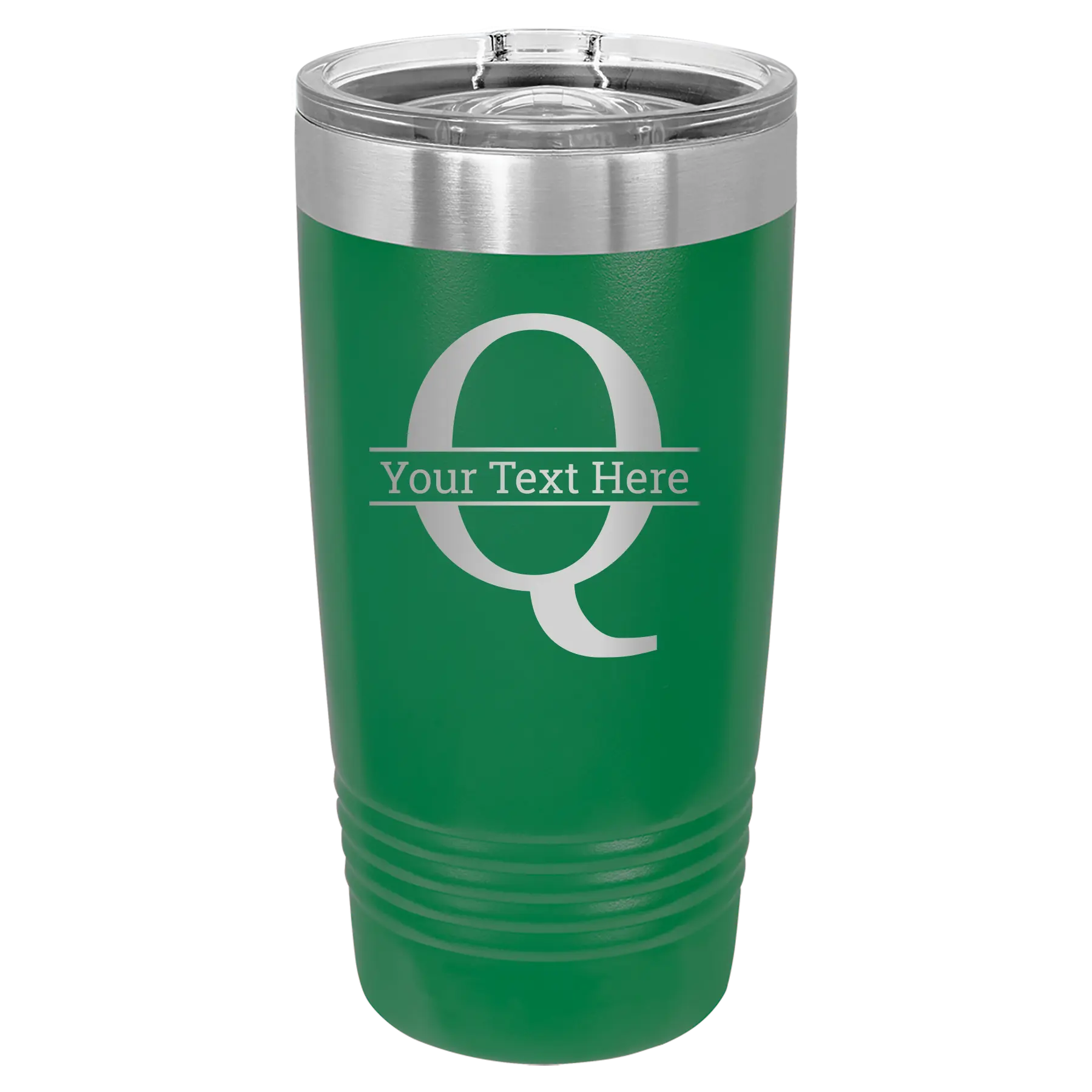 Personalized green 20 oz vacuum insulated tumbler with 'Monogram letter Q' design