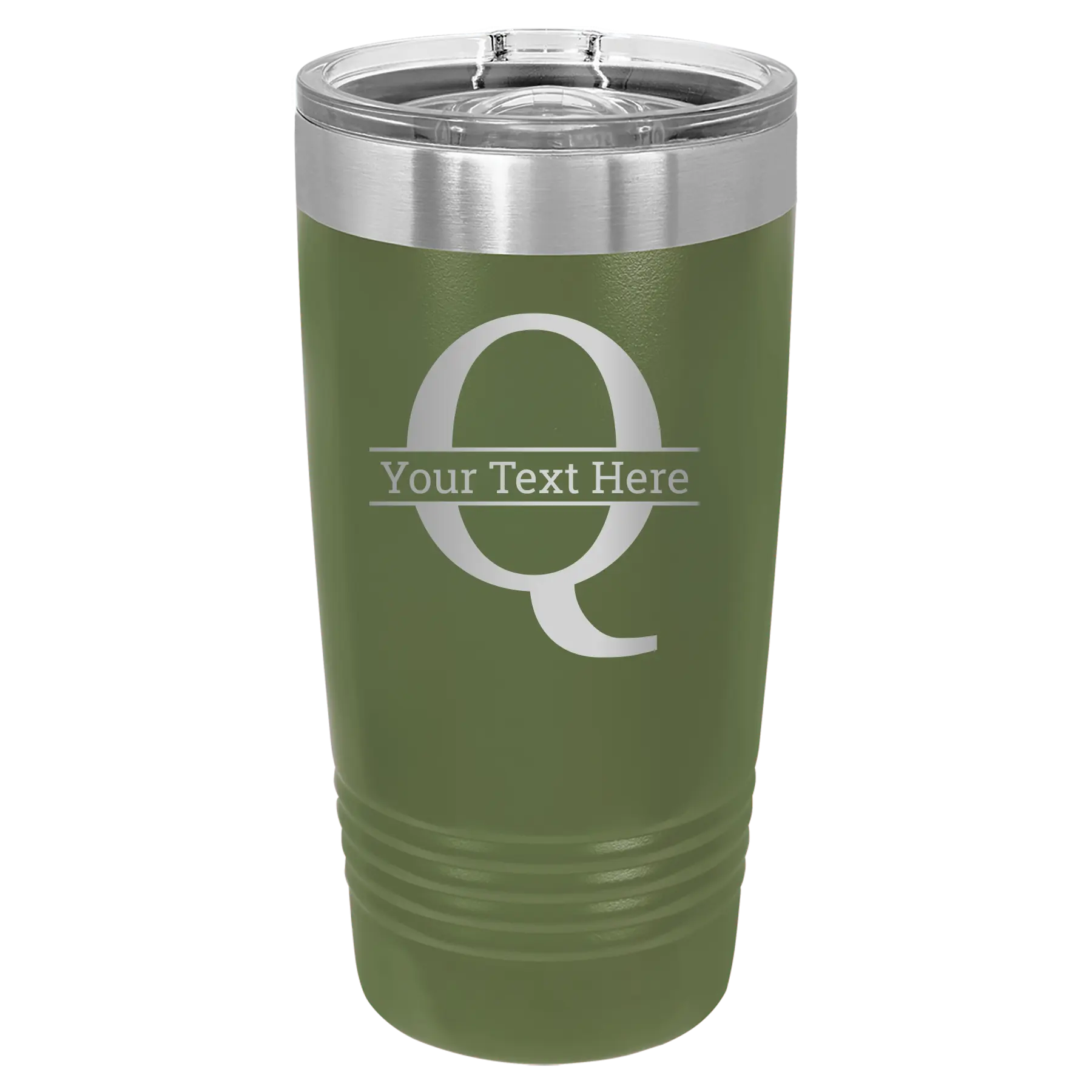Personalized olive green 20 oz vacuum insulated tumbler with 'Monogram letter Q' design