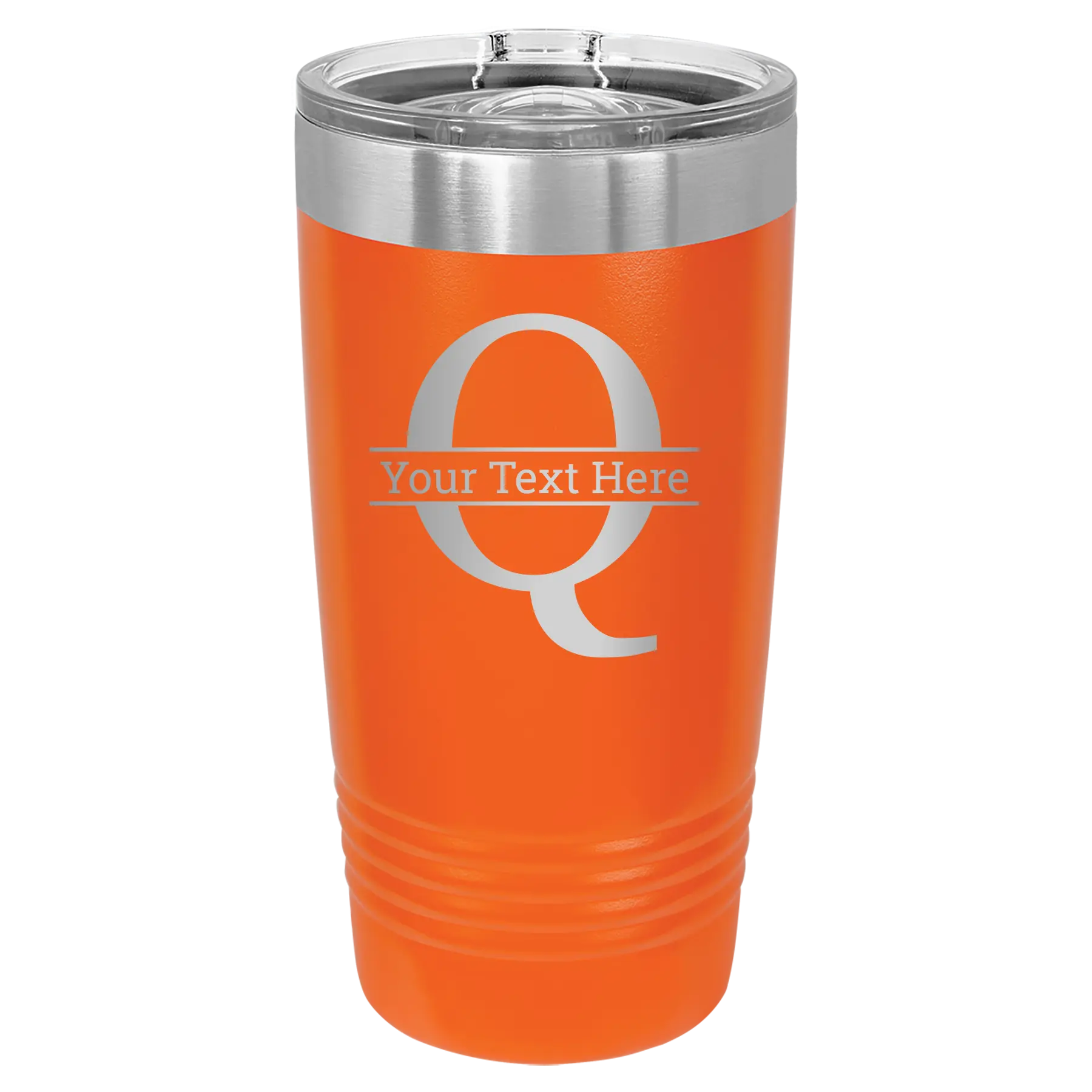 Personalized orange 20 oz vacuum insulated tumbler with 'Monogram letter Q' design