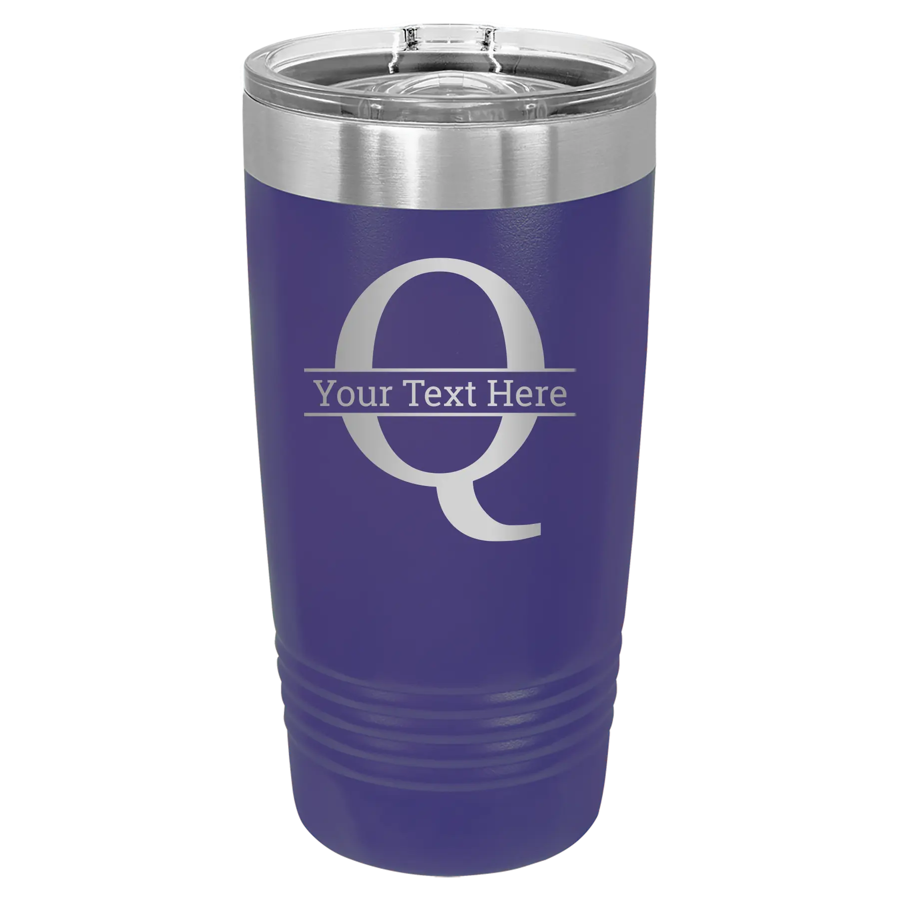 Personalized purple 20 oz vacuum insulated tumbler with 'Monogram letter Q' design