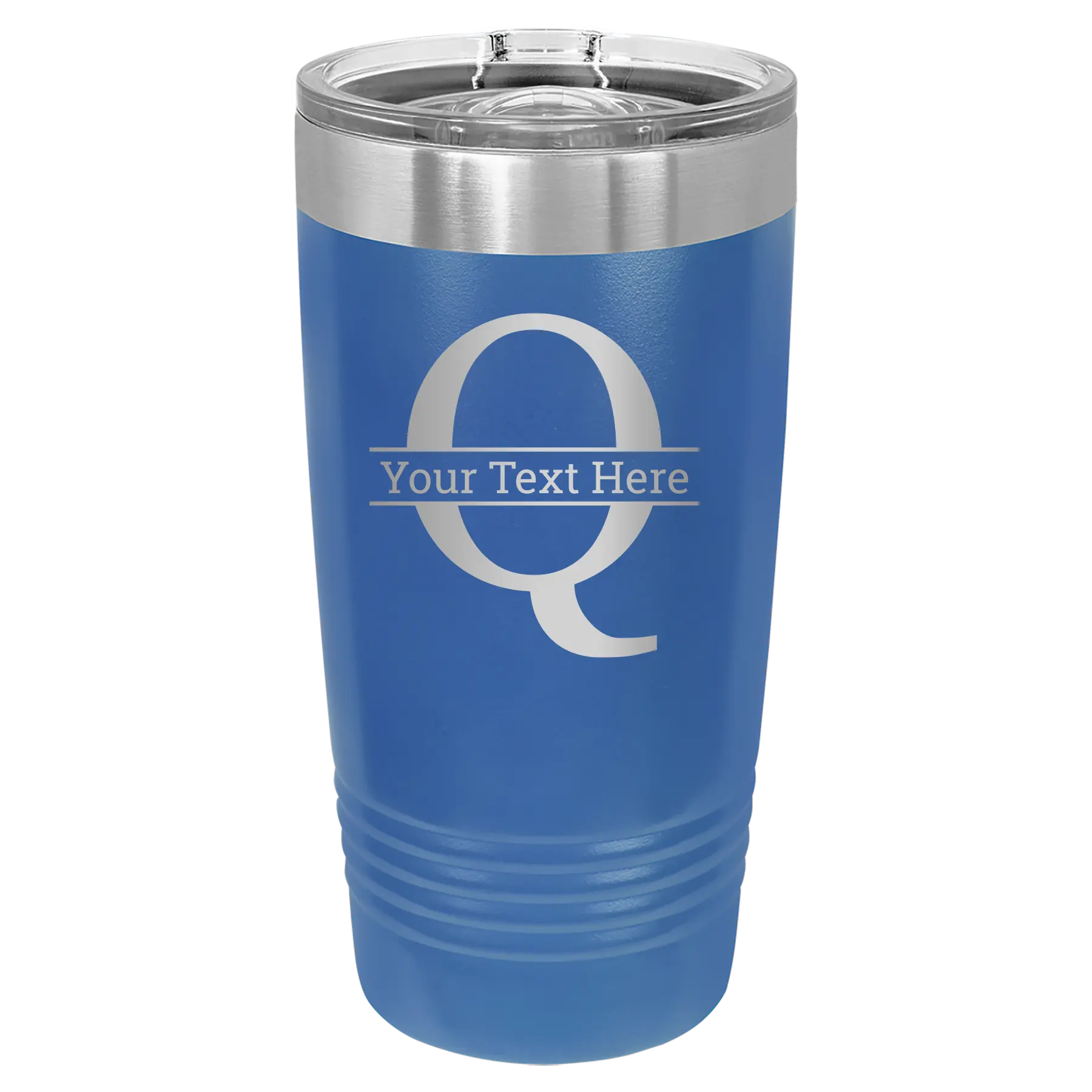 Personalized royal blue 20 oz vacuum insulated tumbler with 'Monogram letter Q' design