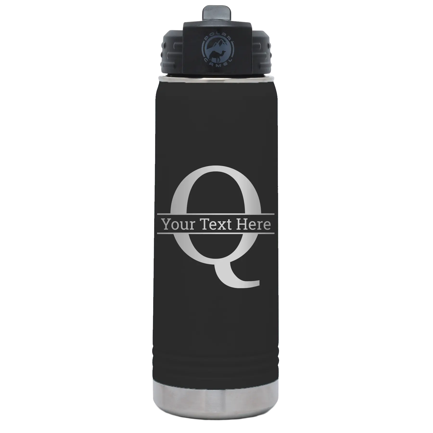 Personalized black 20 oz vacuum insulated water bottle with 'Monogram letter Q' design