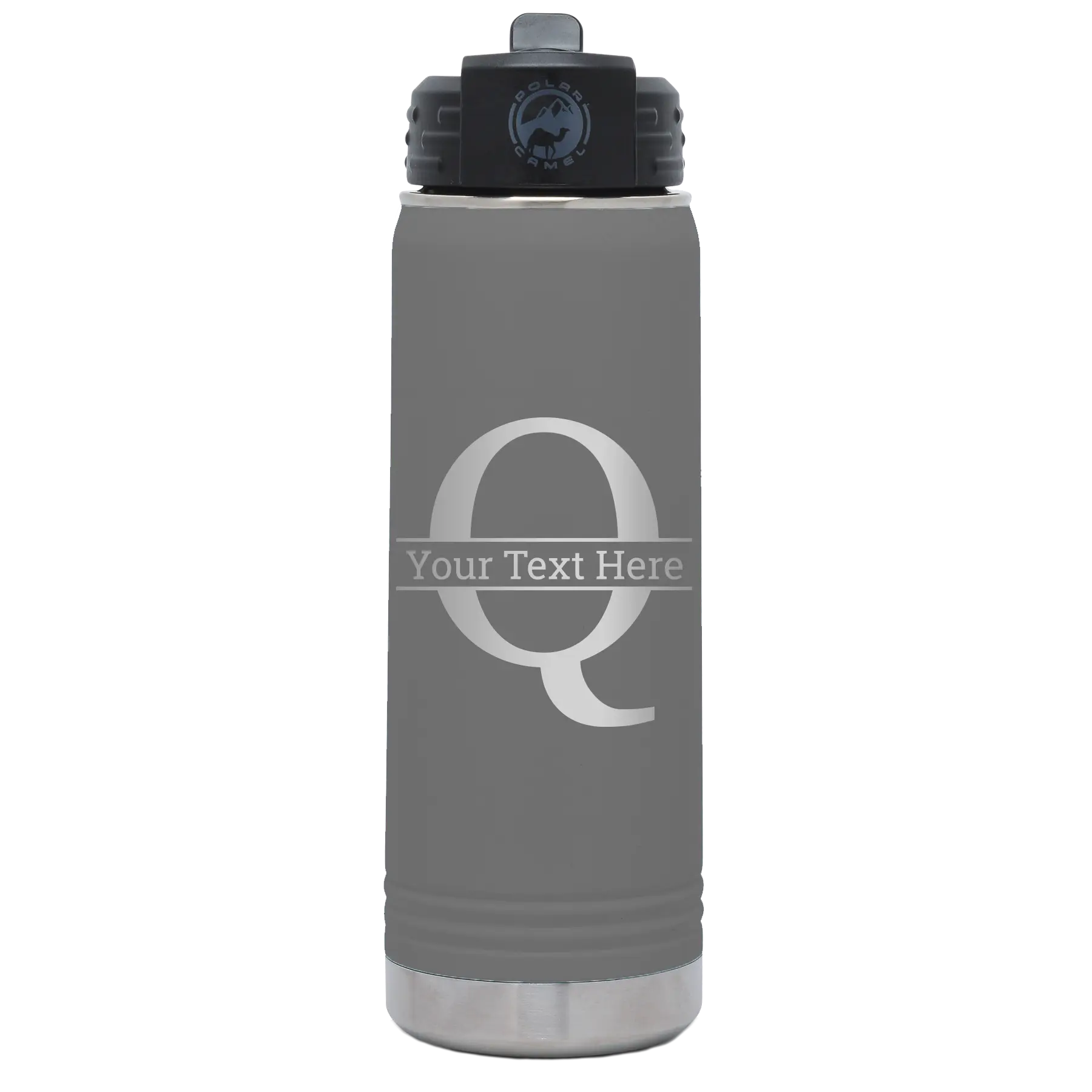 Personalized dark gray 20 oz vacuum insulated water bottle with 'Monogram letter Q' design