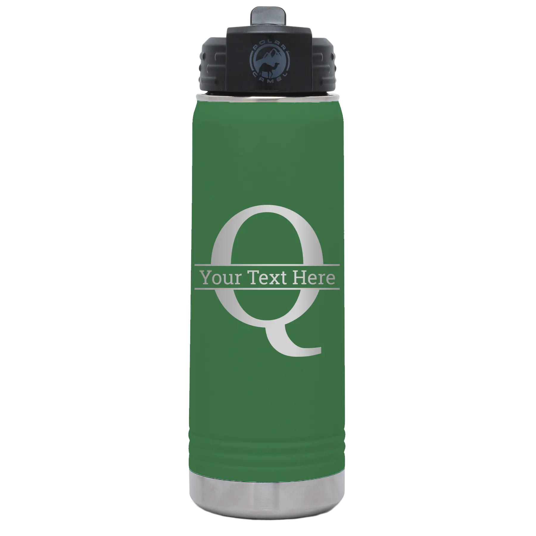 Personalized green 20 oz vacuum insulated water bottle with 'Monogram letter Q' design