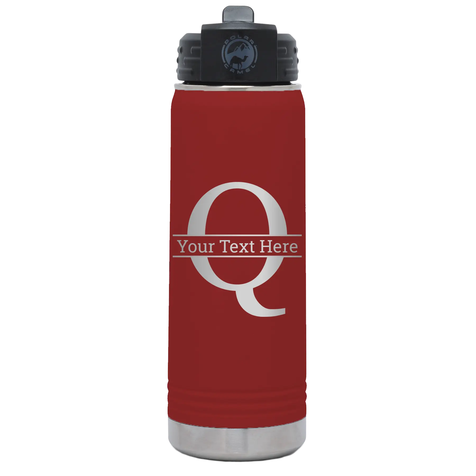 Personalized maroon 20 oz vacuum insulated water bottle with 'Monogram letter Q' design