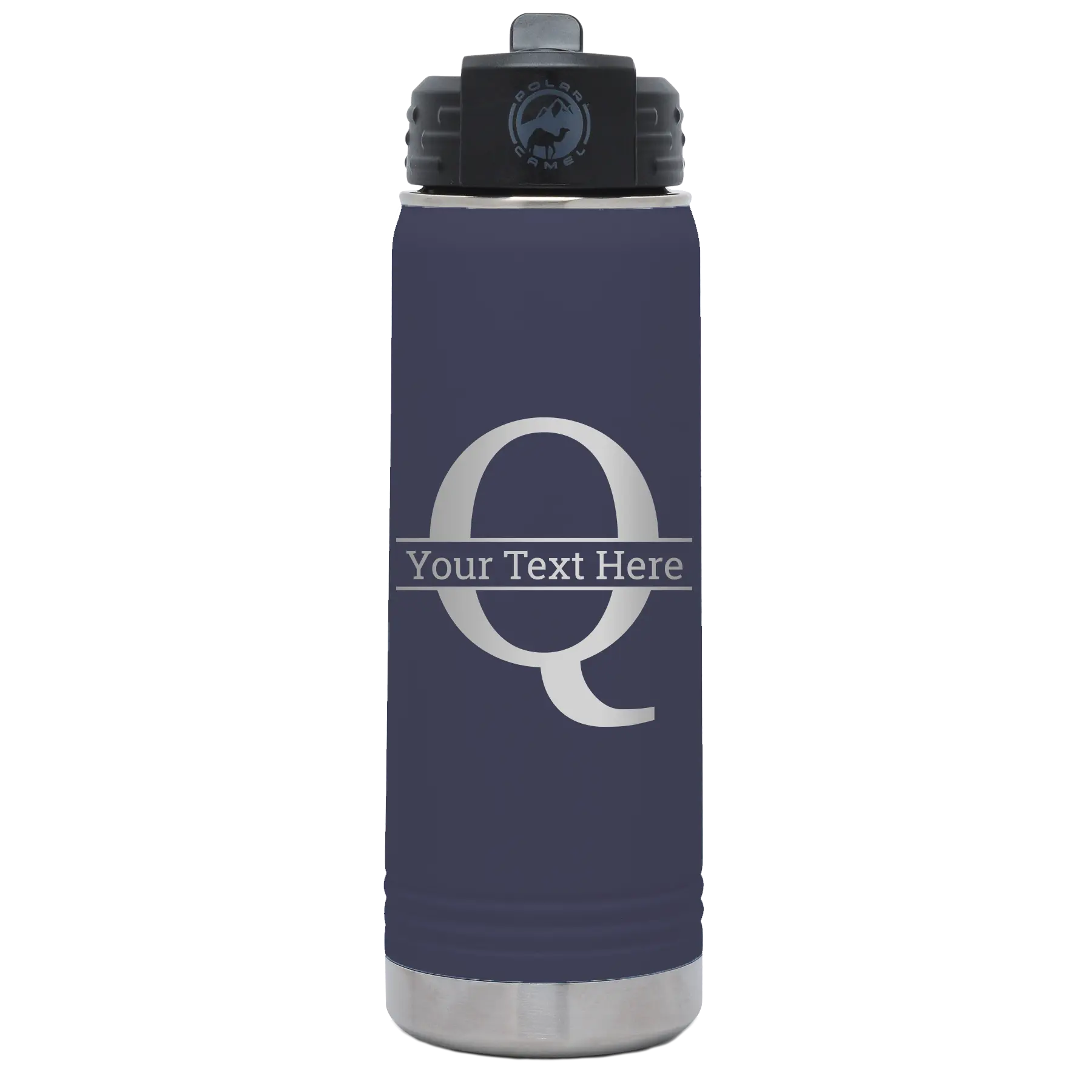 Personalized navy 20 oz vacuum insulated water bottle with 'Monogram letter Q' design