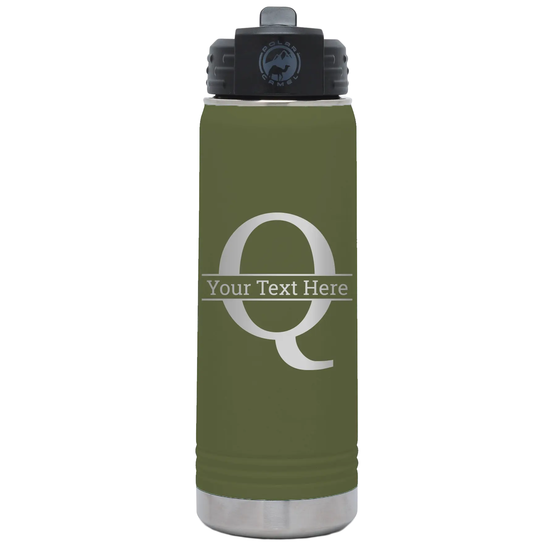 Personalized olive green 20 oz vacuum insulated water bottle with 'Monogram letter Q' design