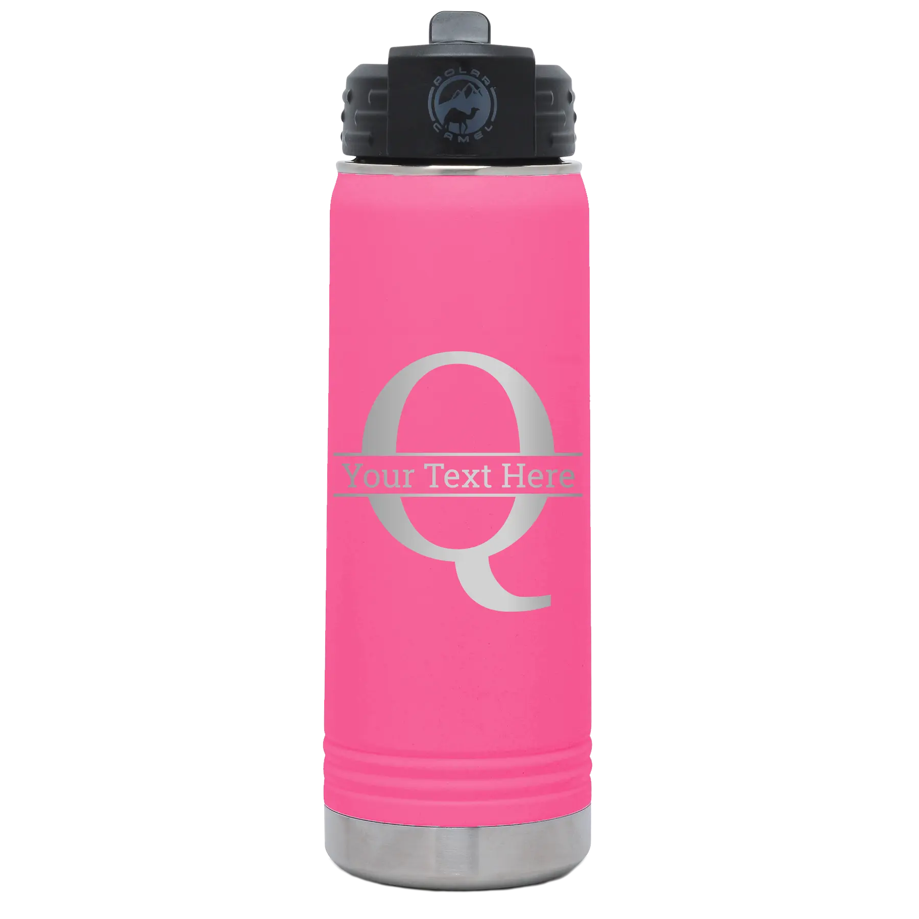 Personalized pink 20 oz vacuum insulated water bottle with 'Monogram letter Q' design