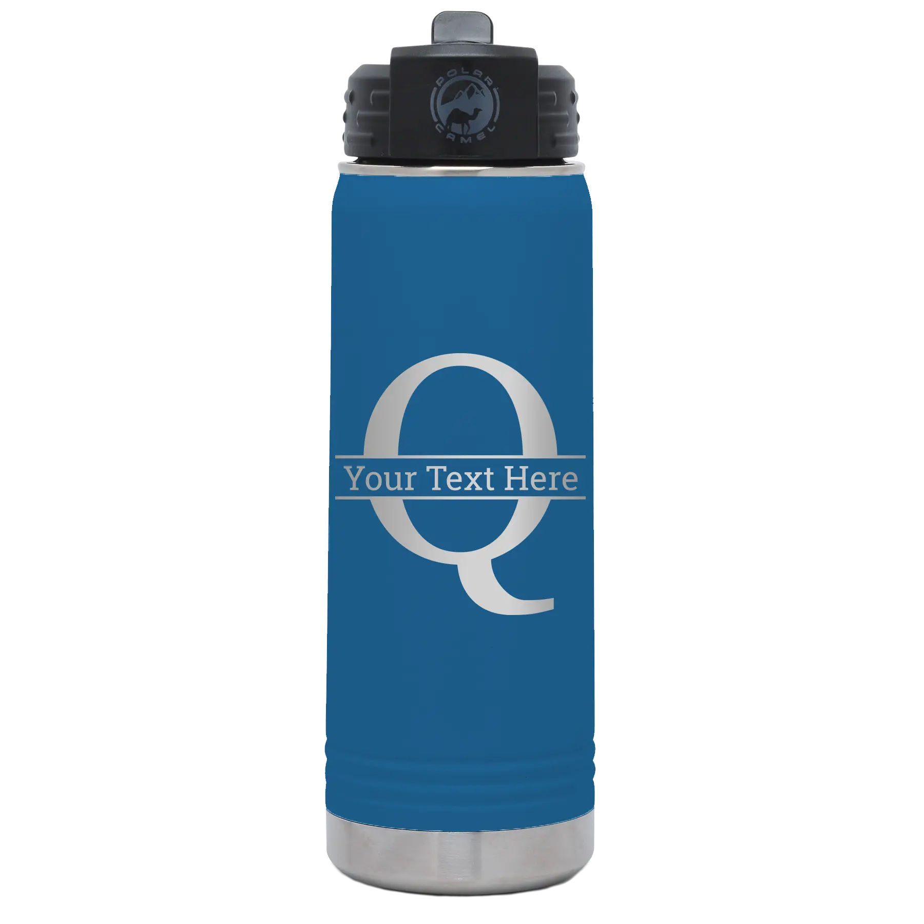 Personalized royal blue 20 oz vacuum insulated water bottle with 'Monogram letter Q' design