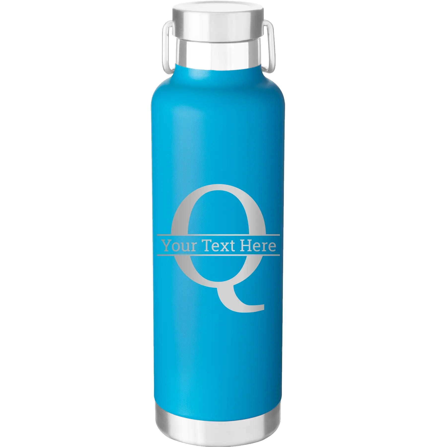 Personalized aqua 24 oz vacuum insulated water bottle with 'Monogram letter Q' design