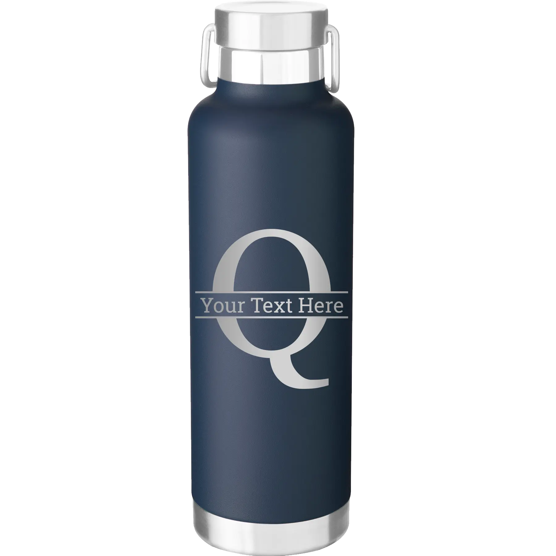 Personalized navy 24 oz vacuum insulated water bottle with 'Monogram letter Q' design