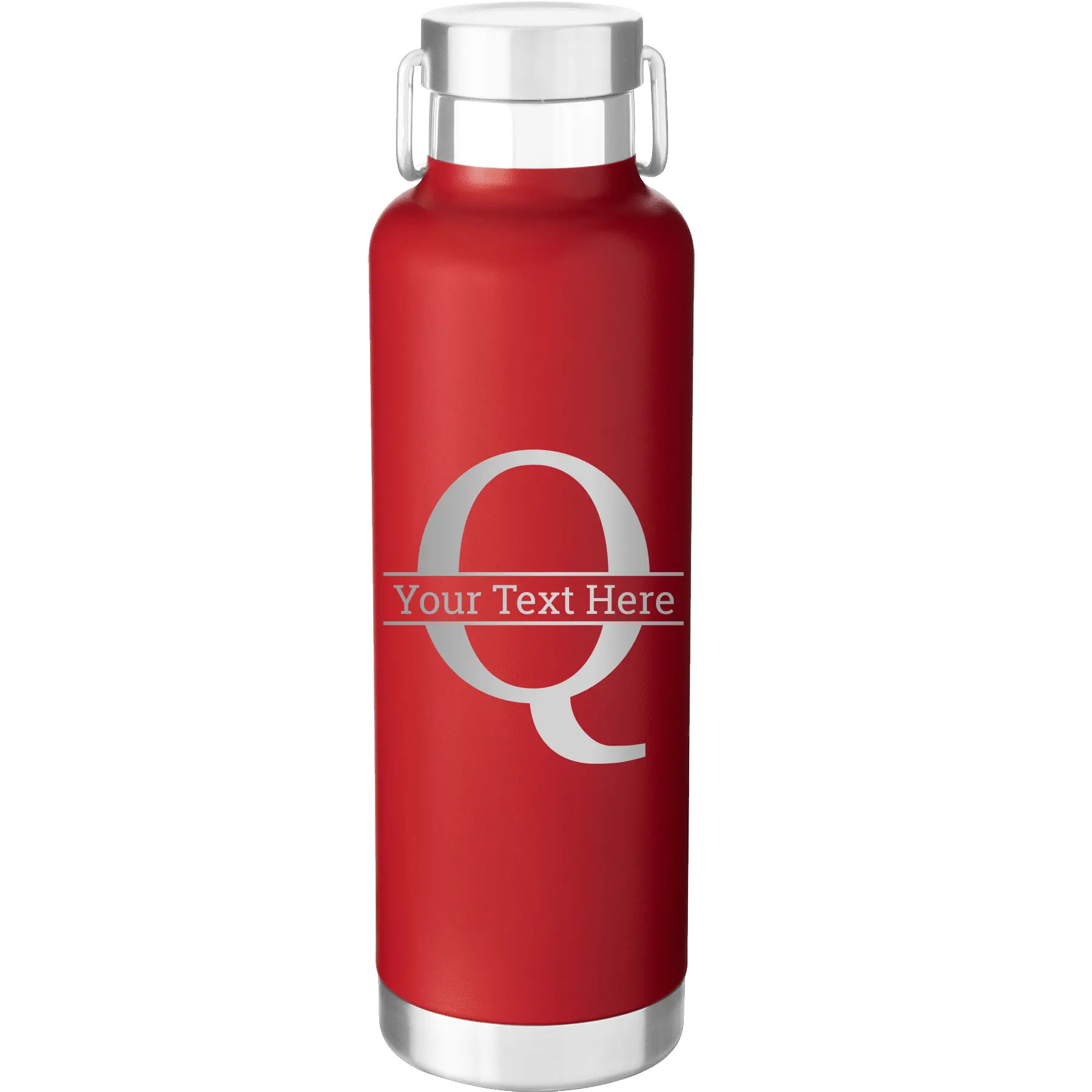 Personalized red 24 oz vacuum insulated water bottle with 'Monogram letter Q' design