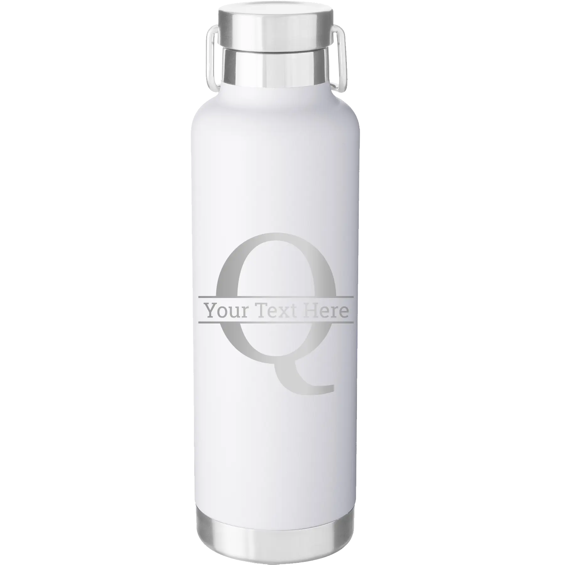 Personalized white 24 oz vacuum insulated water bottle with 'Monogram letter Q' design