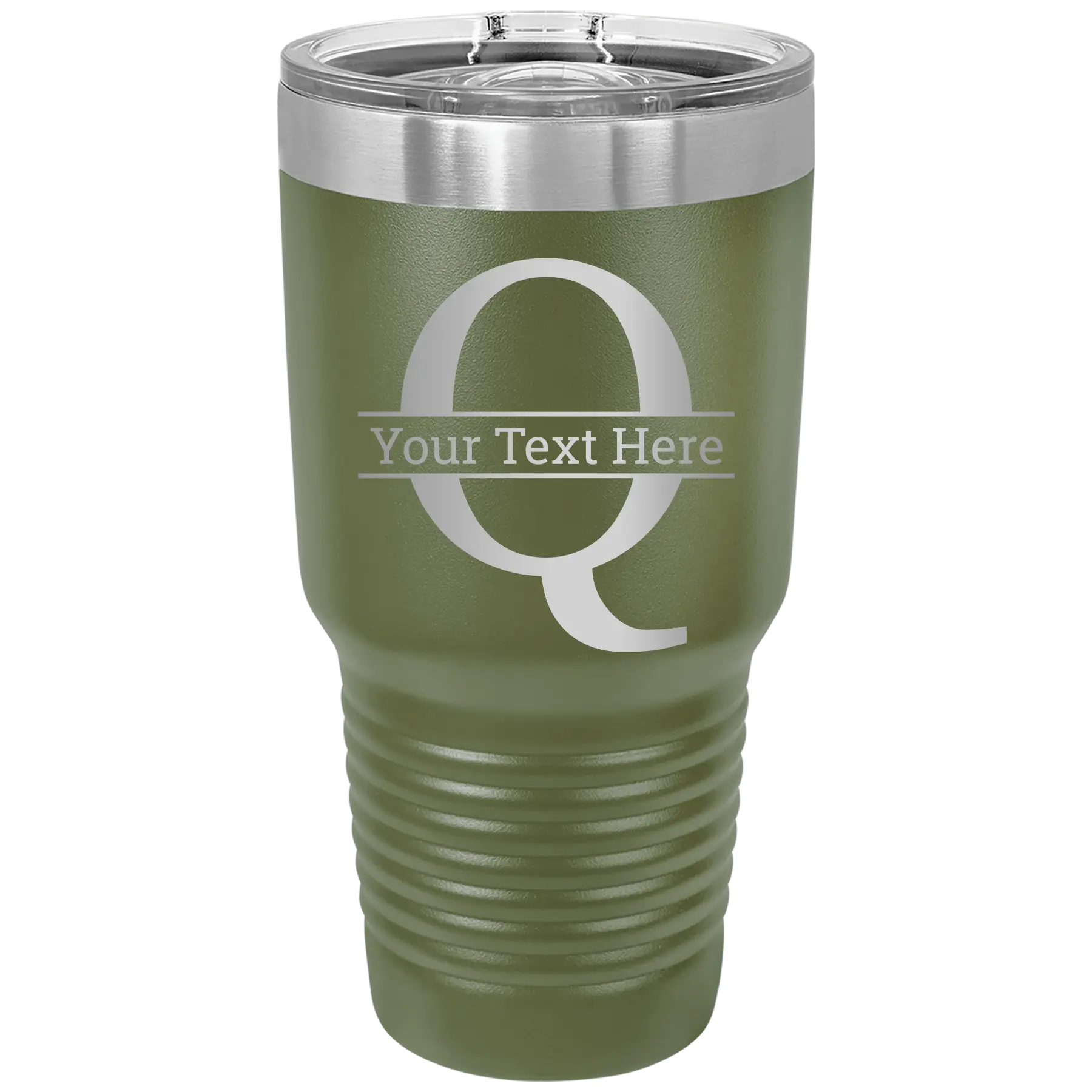 Personalized olive green 30 oz vacuum insulated tumbler with 'Monogram letter Q' design