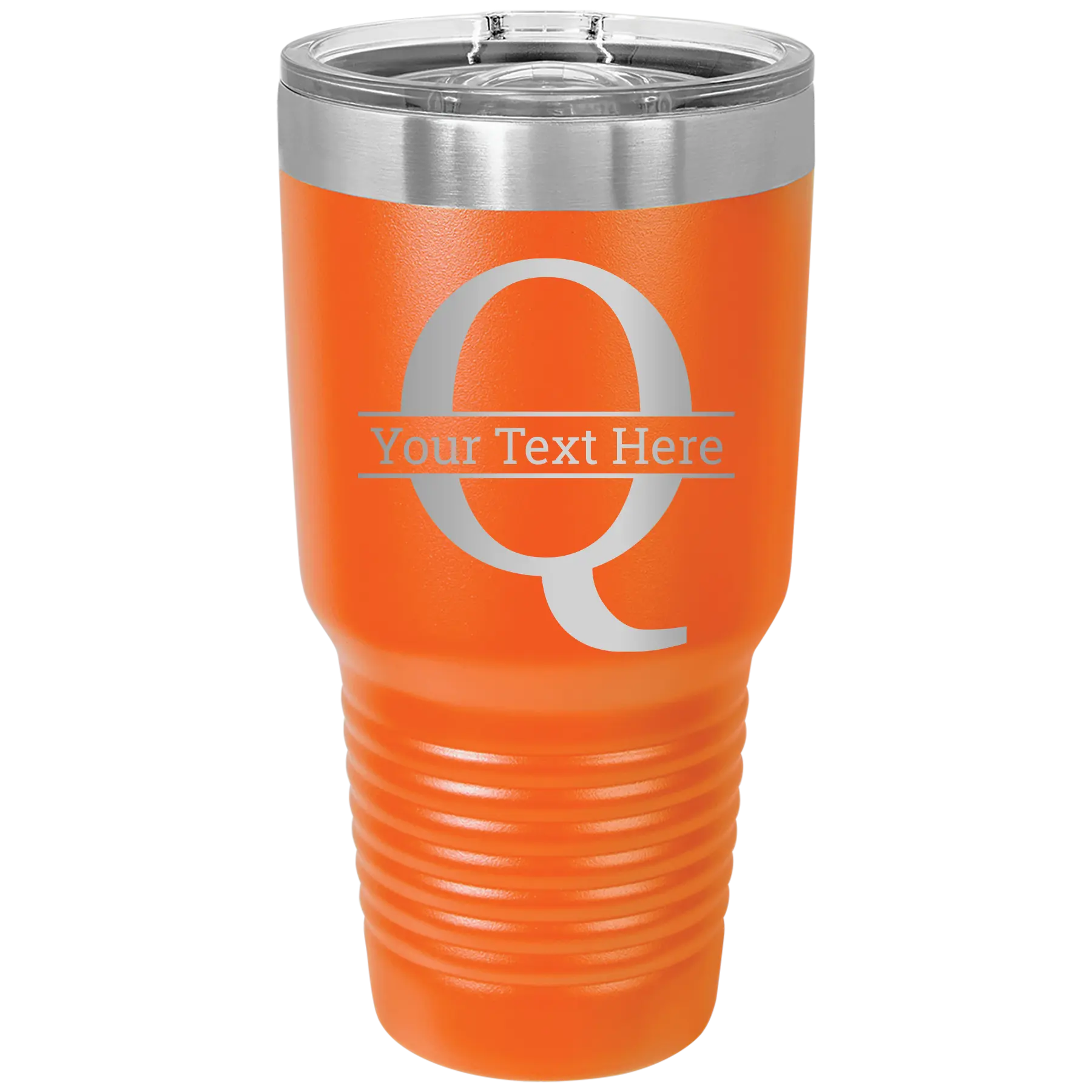 Personalized orange 30 oz vacuum insulated tumbler with 'Monogram letter Q' design