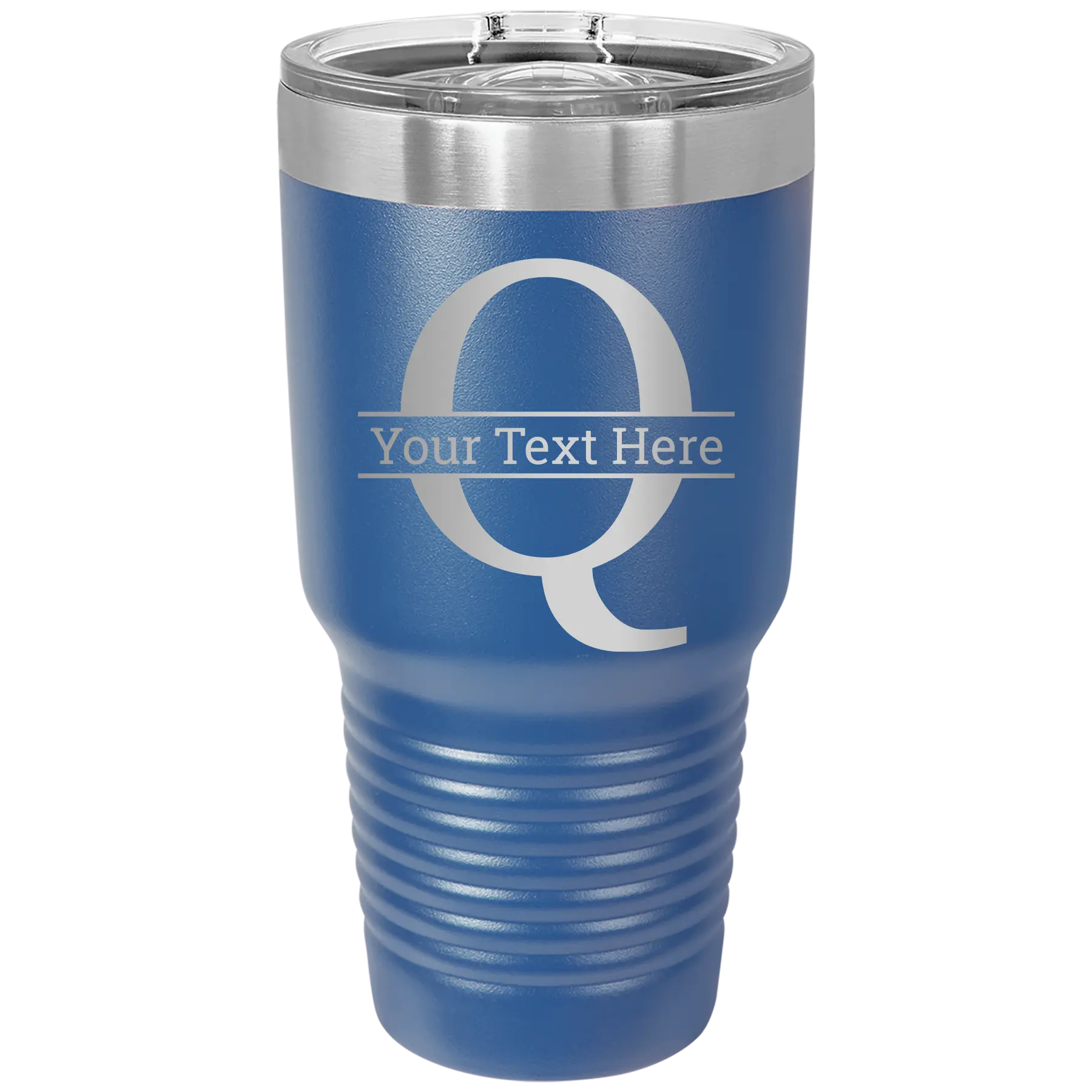 Personalized royal blue 30 oz vacuum insulated tumbler with 'Monogram letter Q' design