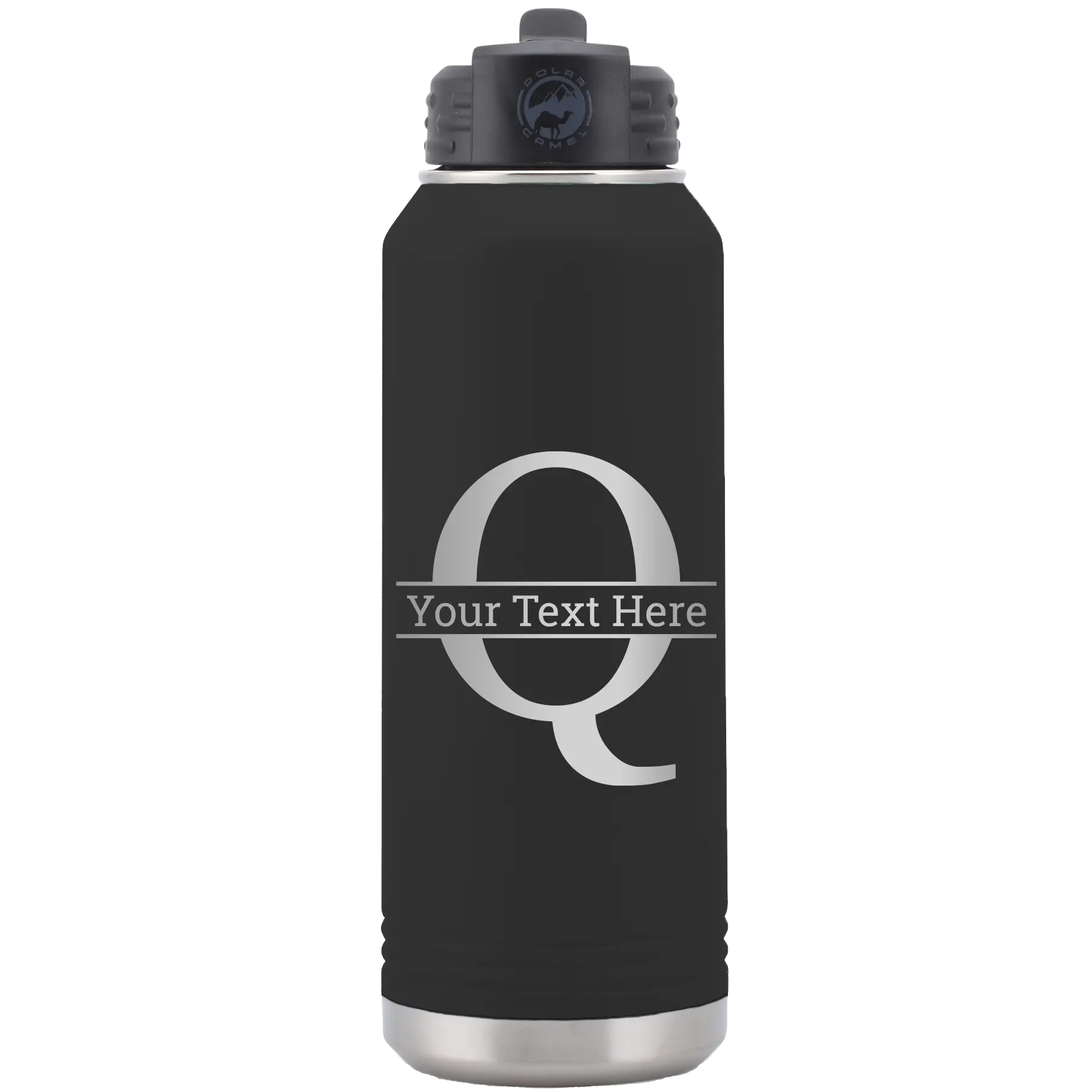 Personalized black 32 oz vacuum insulated water bottle with 'Monogram letter Q' design