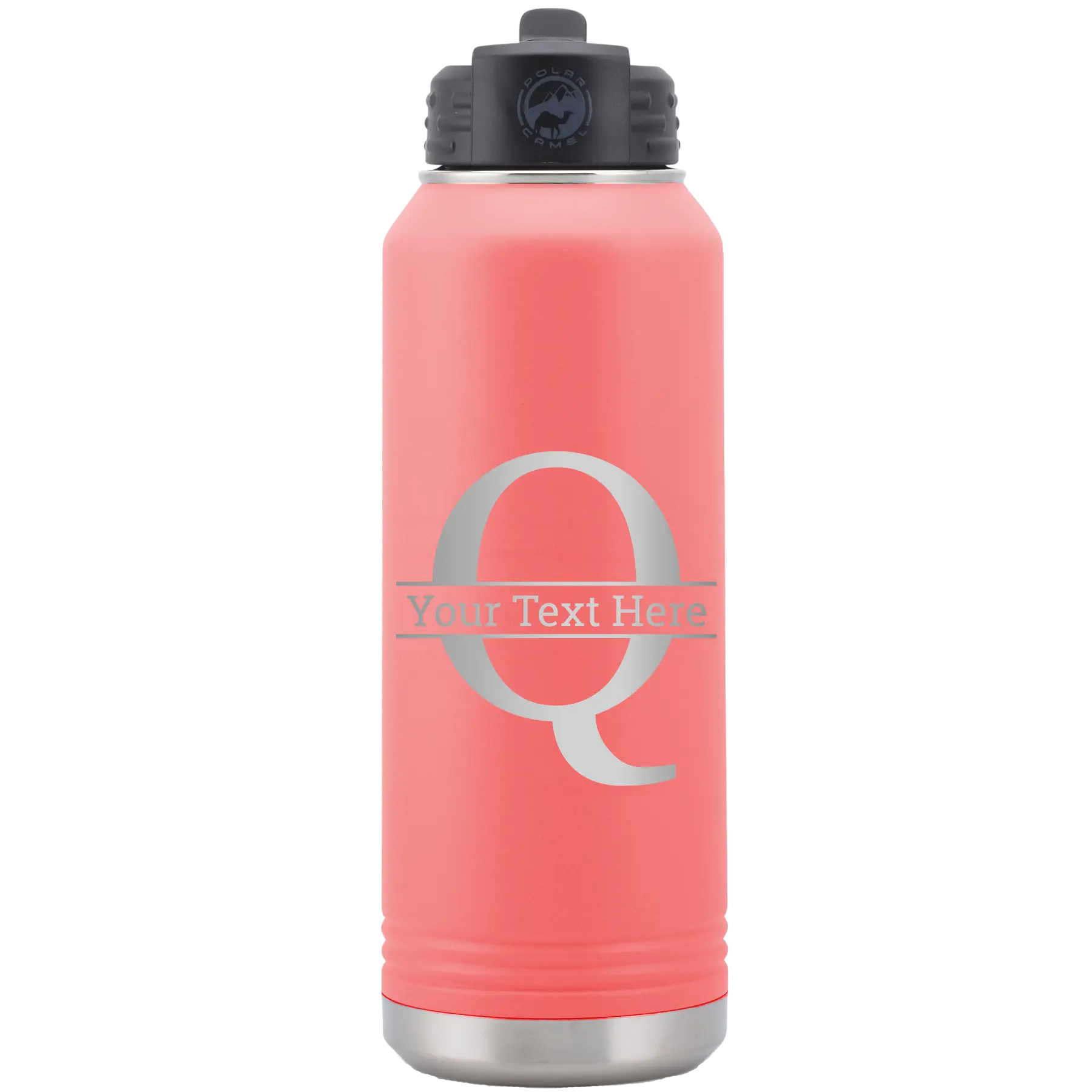 Personalized coral 32 oz vacuum insulated water bottle with 'Monogram letter Q' design