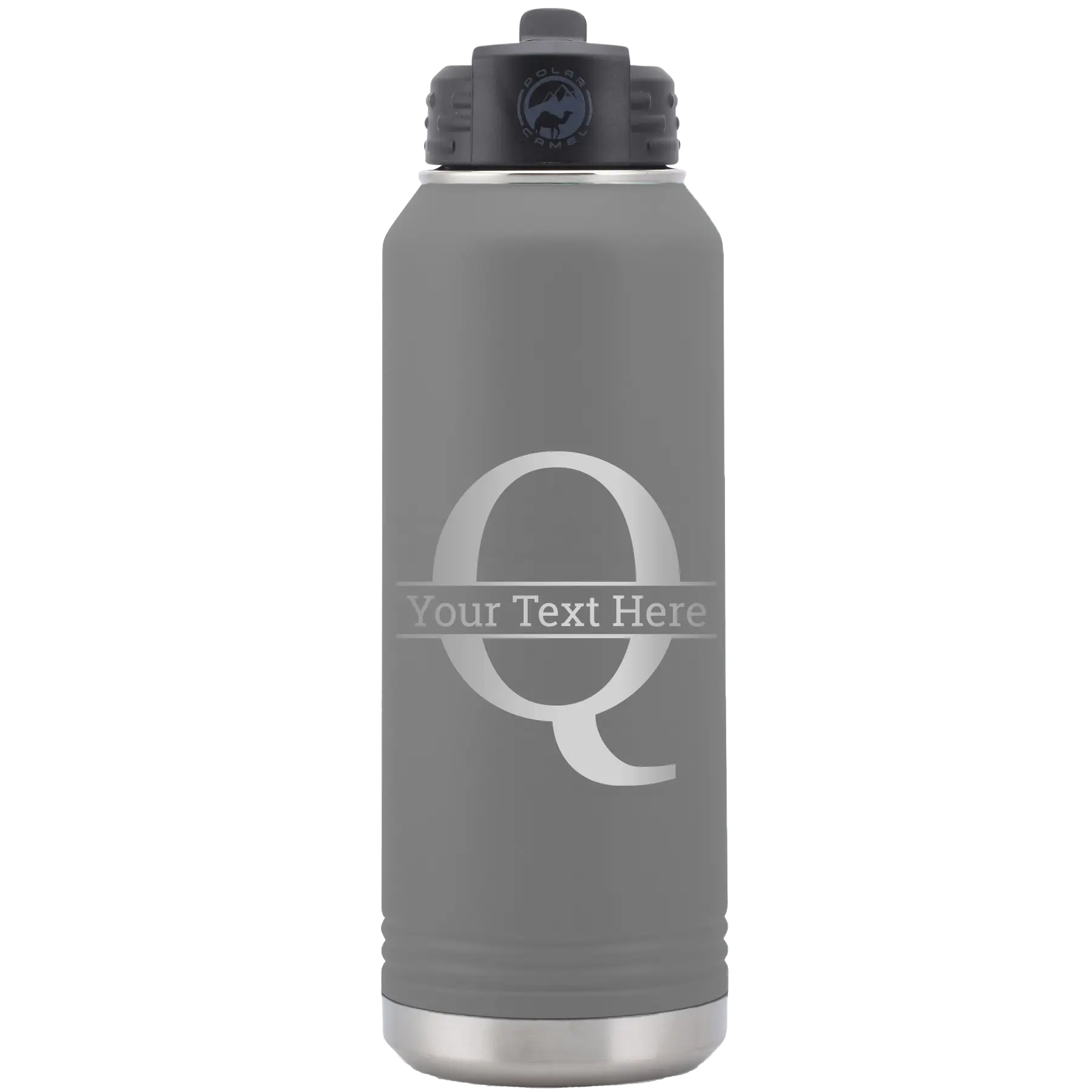 Personalized dark gray 32 oz vacuum insulated water bottle with 'Monogram letter Q' design