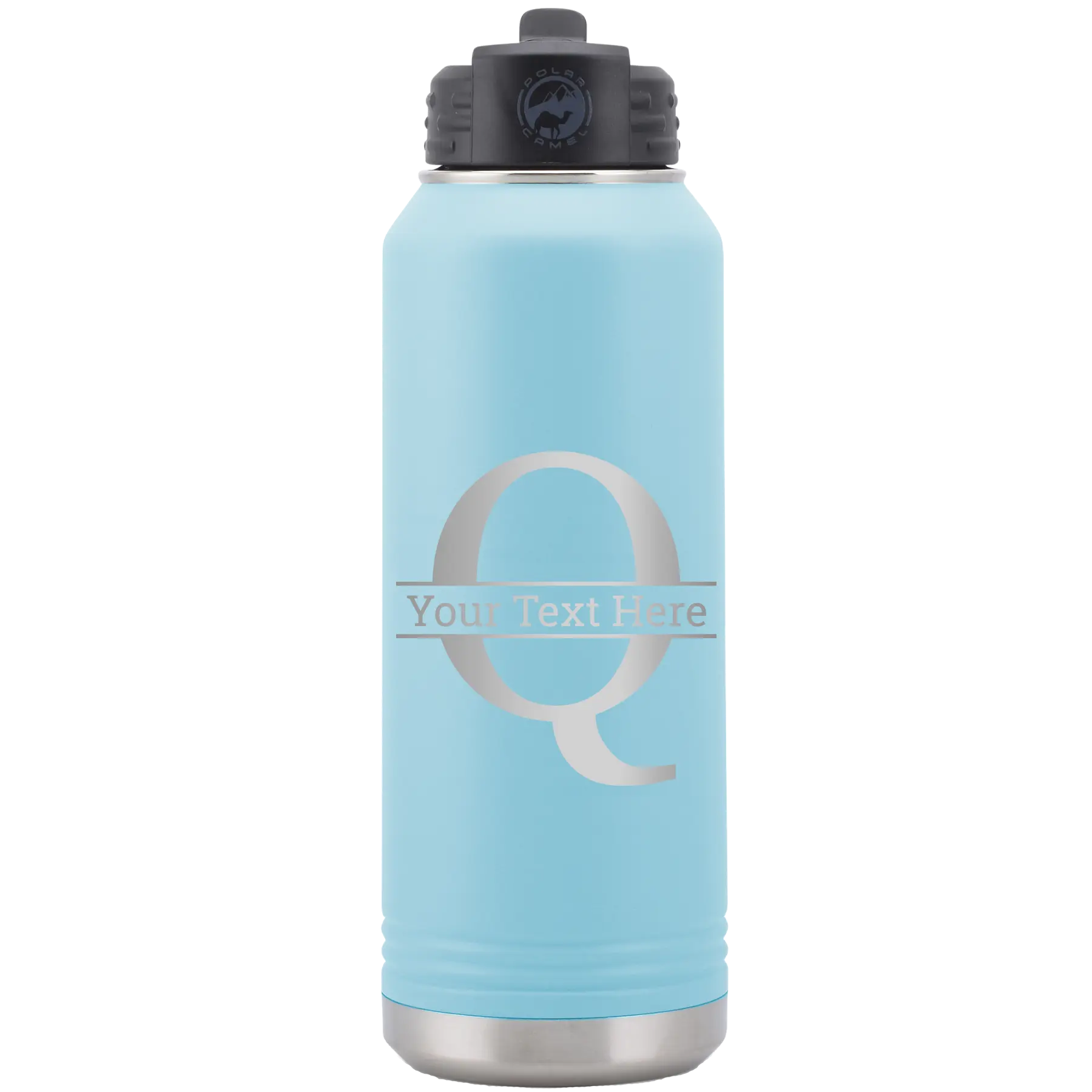 Personalized light blue 32 oz vacuum insulated water bottle with 'Monogram letter Q' design