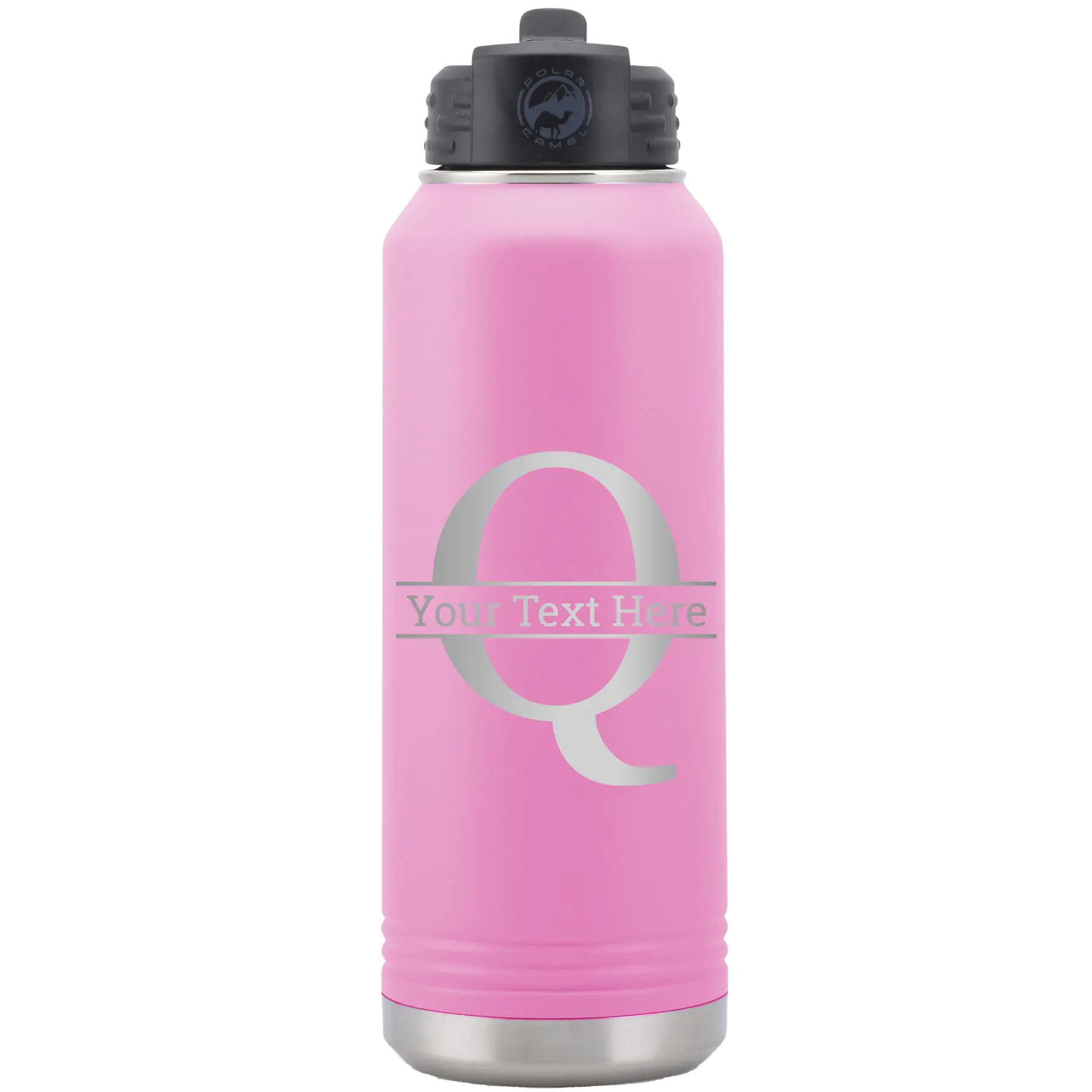Personalized light purple 32 oz vacuum insulated water bottle with 'Monogram letter Q' design