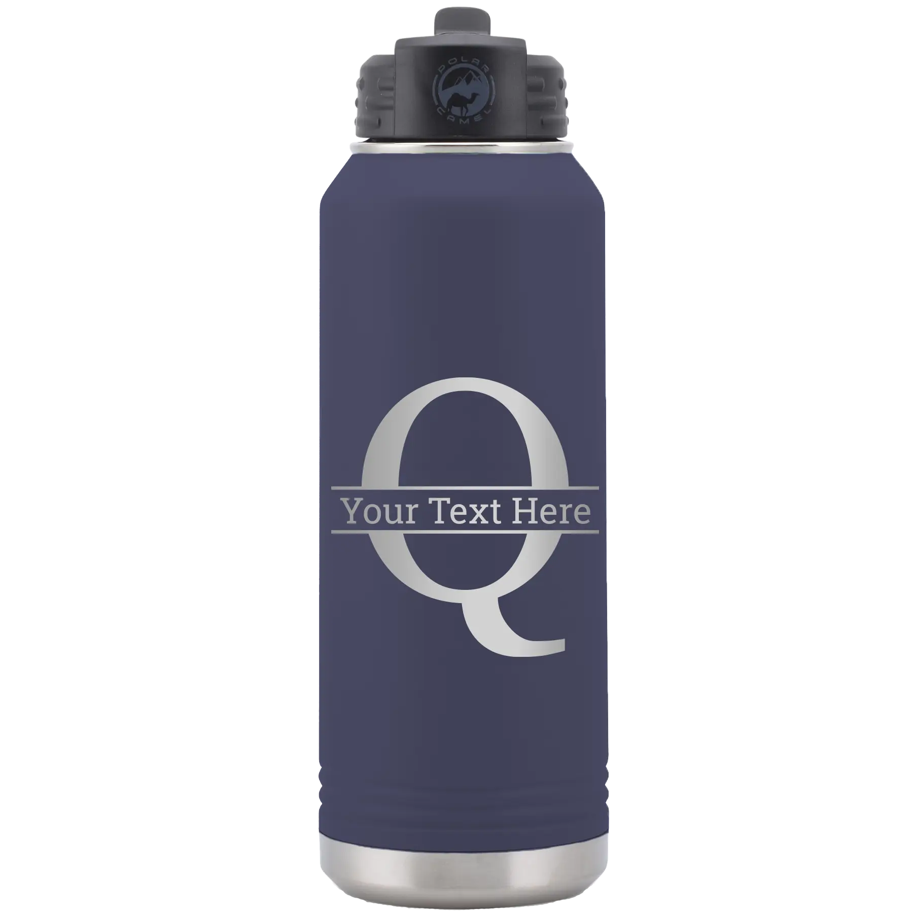 Personalized navy 32 oz vacuum insulated water bottle with 'Monogram letter Q' design