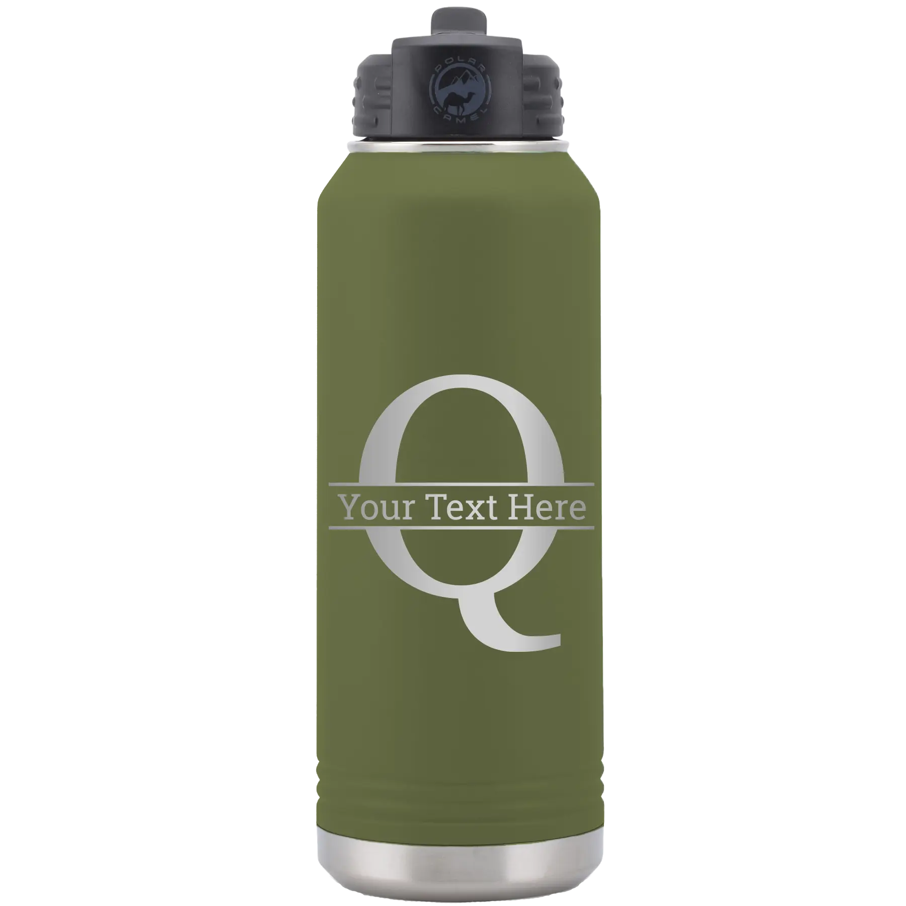 Personalized olive green 32 oz vacuum insulated water bottle with 'Monogram letter Q' design