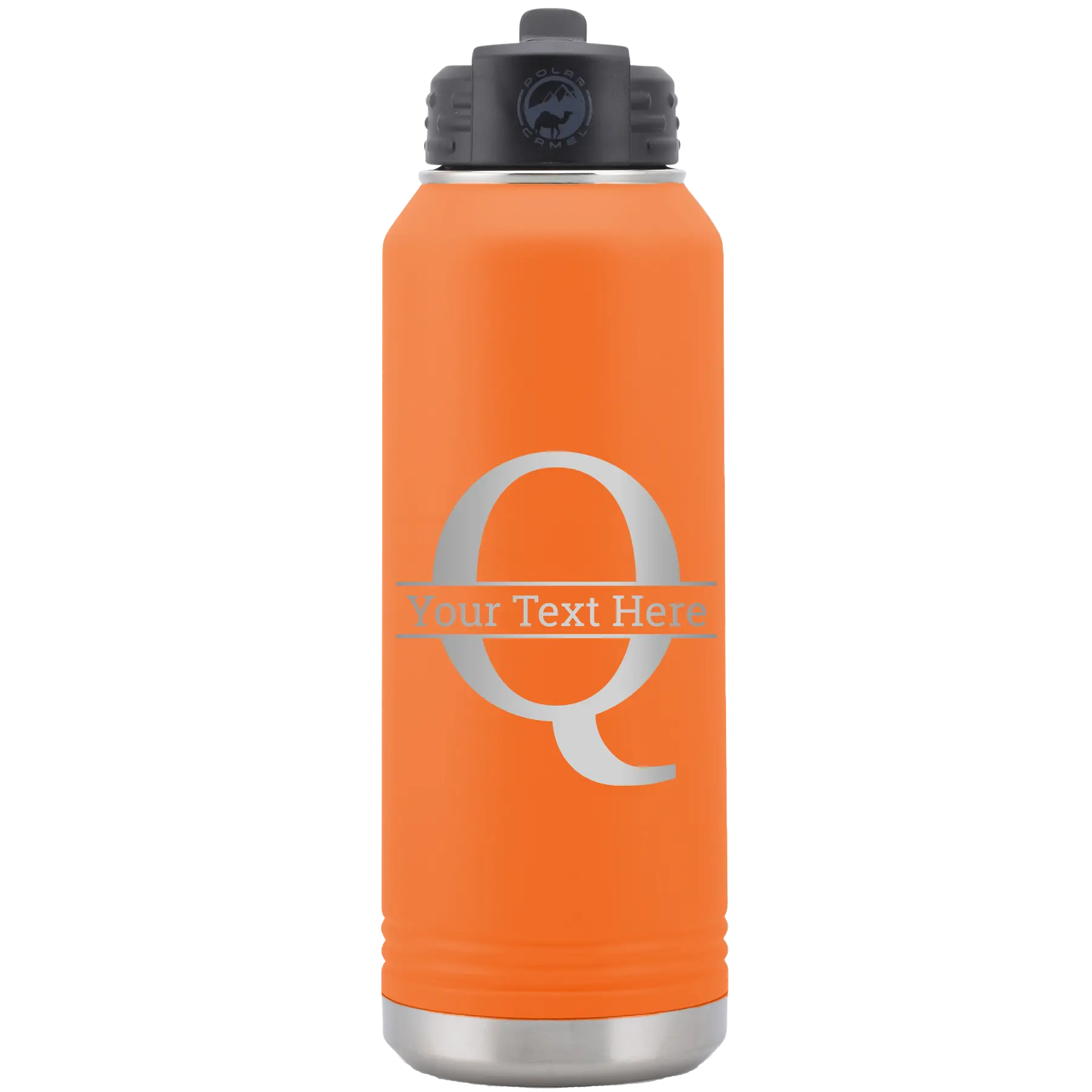 Personalized orange 32 oz vacuum insulated water bottle with 'Monogram letter Q' design