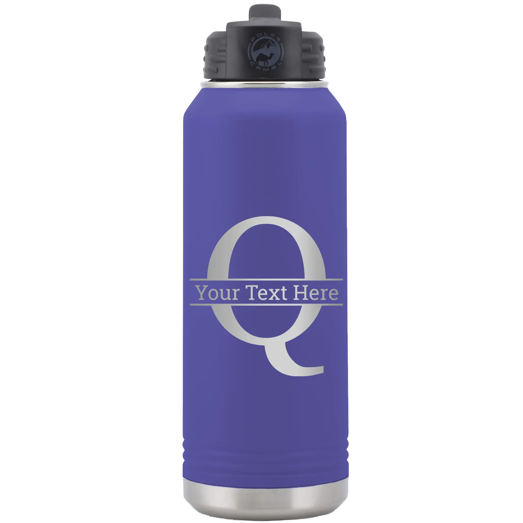 Personalized purple 32 oz vacuum insulated water bottle with 'Monogram letter Q' design