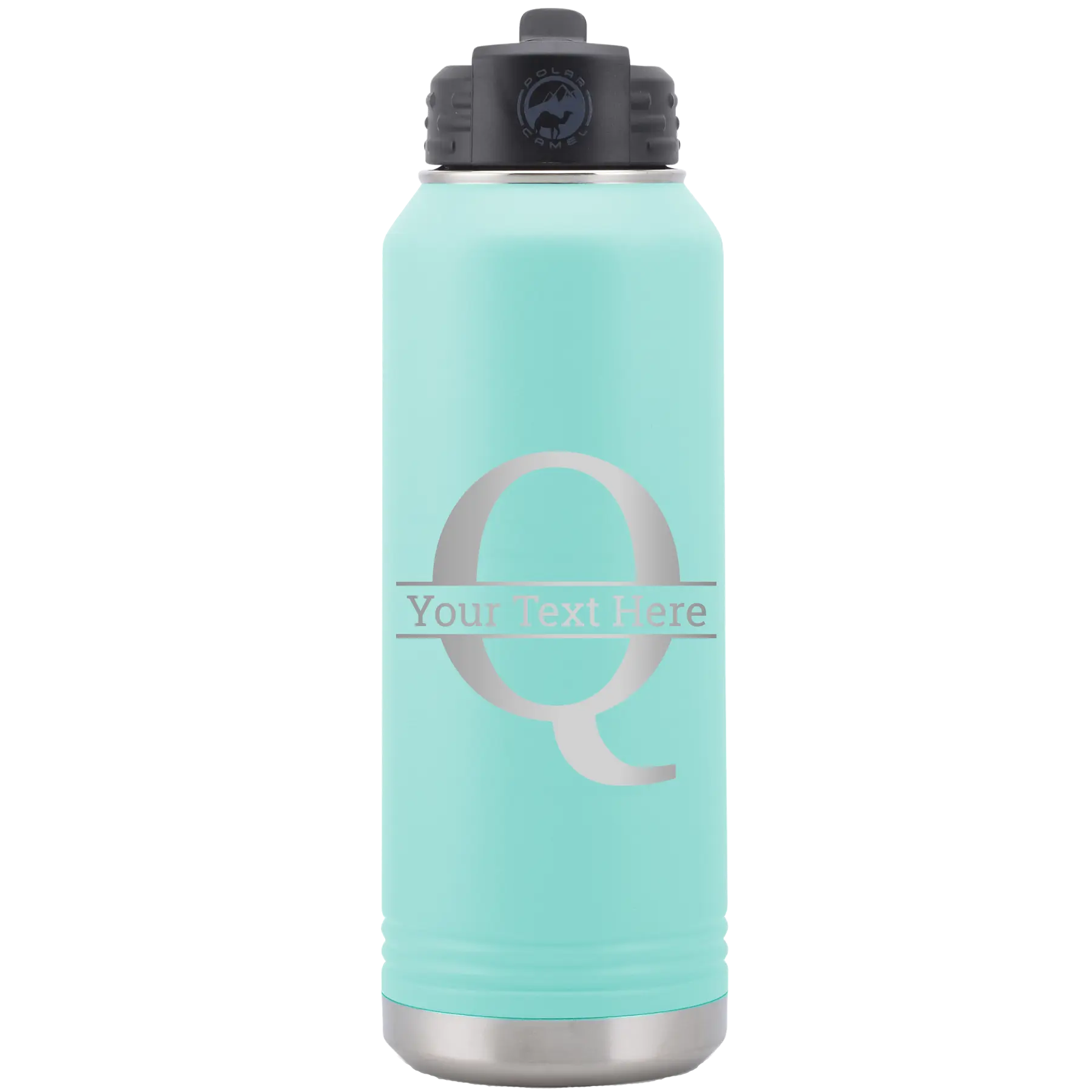 Personalized teal 32 oz vacuum insulated water bottle with 'Monogram letter Q' design