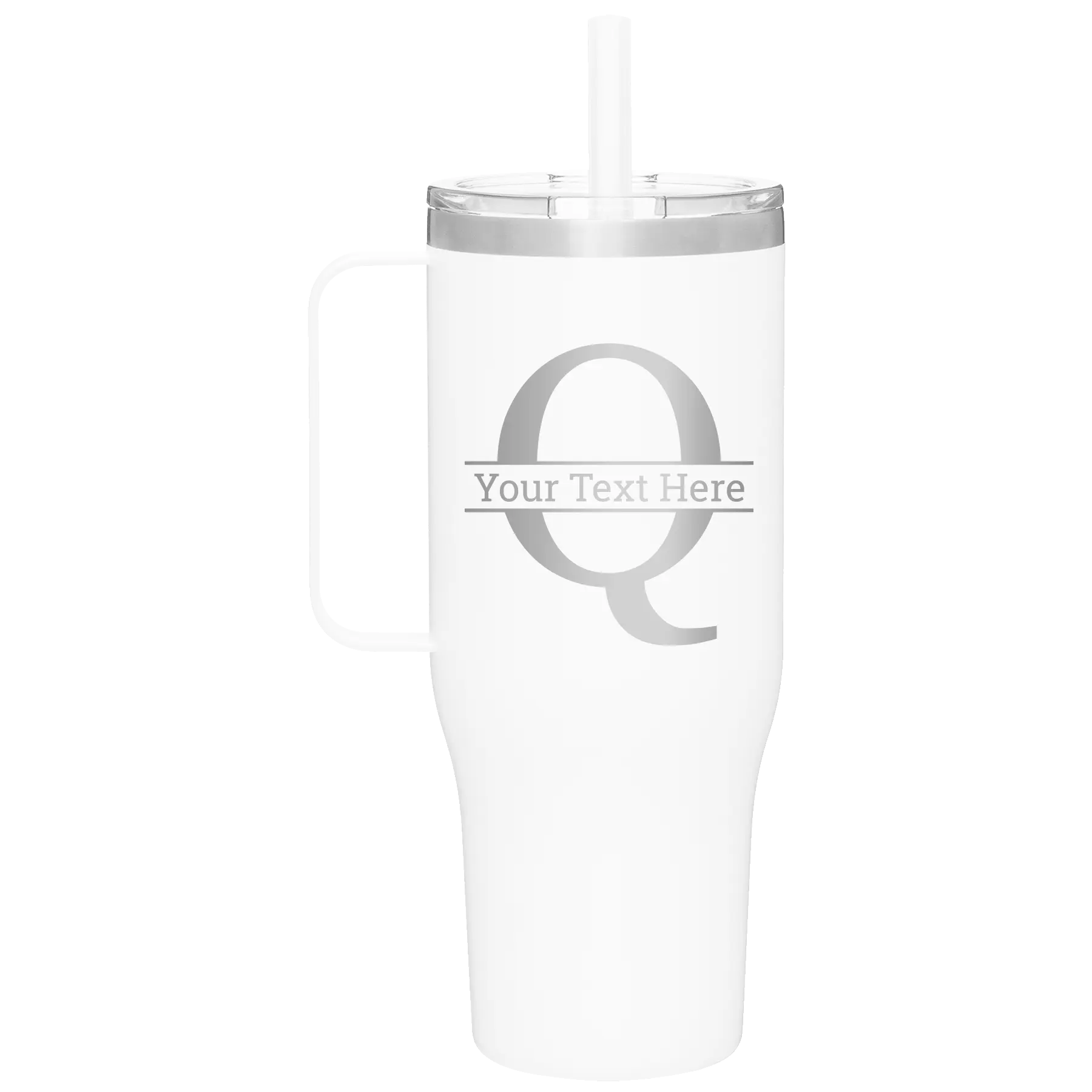 Personalized white 40 oz vacuum insulated tumbler mug with 'Monogram letter Q' design