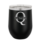 Personalized black 12 oz vacuum insulated wine cup with 'Monogram letter Q' design