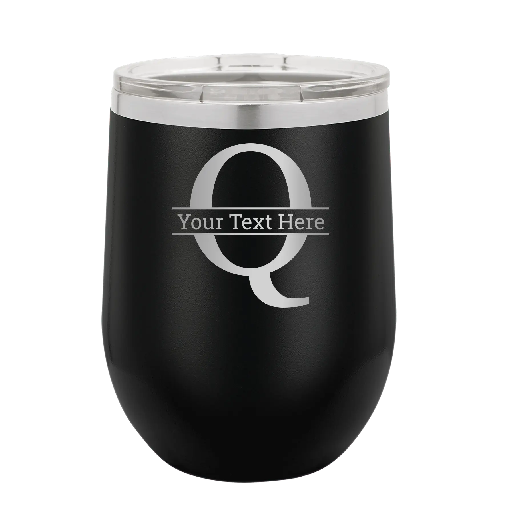 Personalized black 12 oz vacuum insulated wine cup with 'Monogram letter Q' design