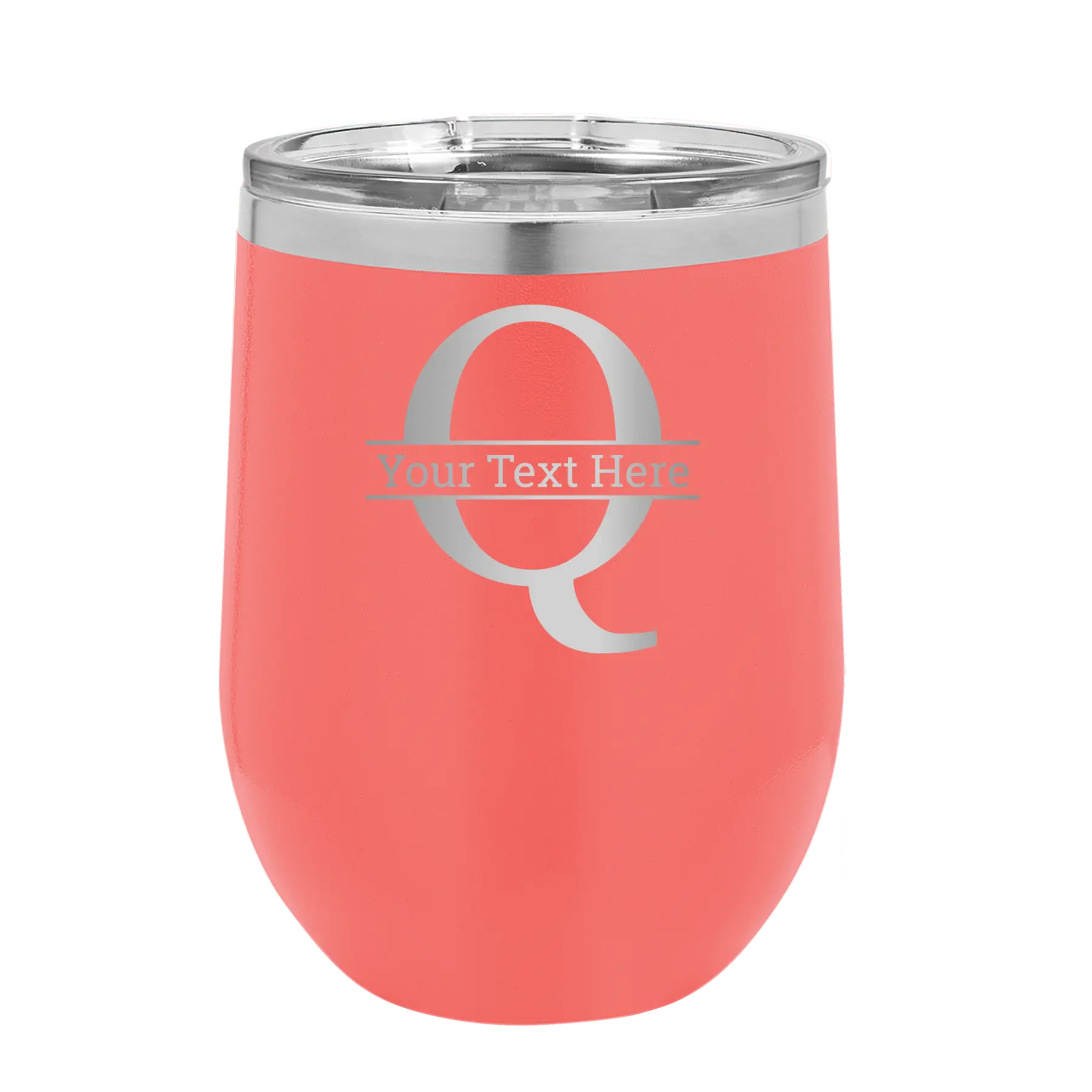 Personalized coral 12 oz vacuum insulated wine cup with 'Monogram letter Q' design