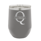 Personalized dark gray 12 oz vacuum insulated wine cup with 'Monogram letter Q' design