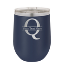 Personalized navy 12 oz vacuum insulated wine cup with 'Monogram letter Q' design