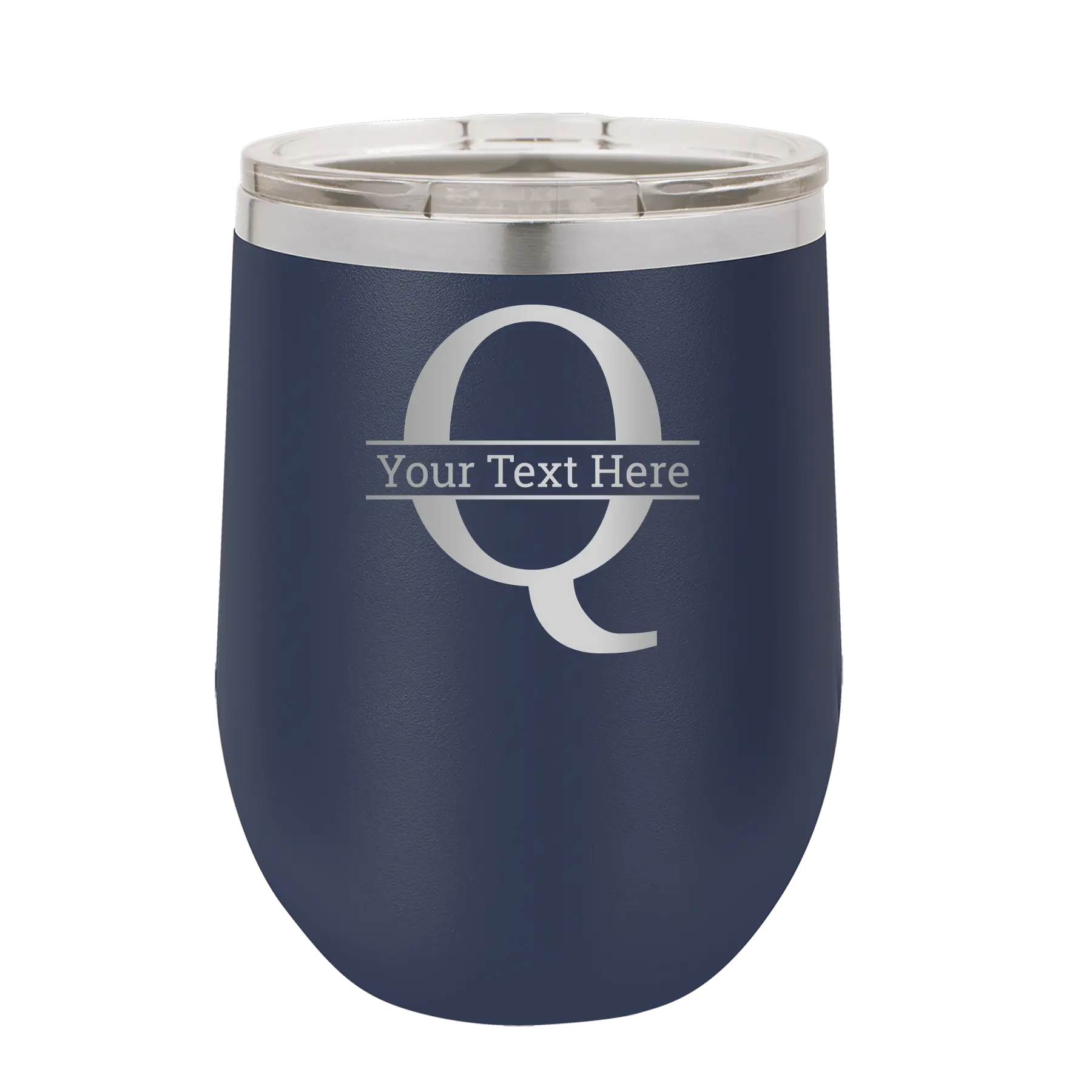 Personalized navy 12 oz vacuum insulated wine cup with 'Monogram letter Q' design