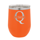 Personalized orange 12 oz vacuum insulated wine cup with 'Monogram letter Q' design