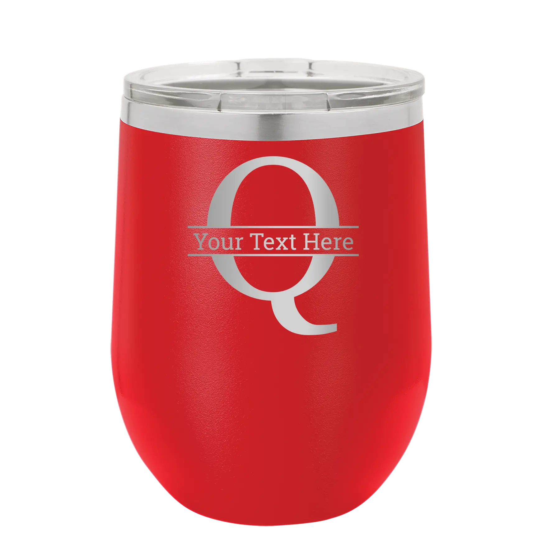 Personalized red 12 oz vacuum insulated wine cup with 'Monogram letter Q' design