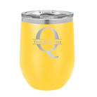 Personalized yellow 12 oz vacuum insulated wine cup with 'Monogram letter Q' design