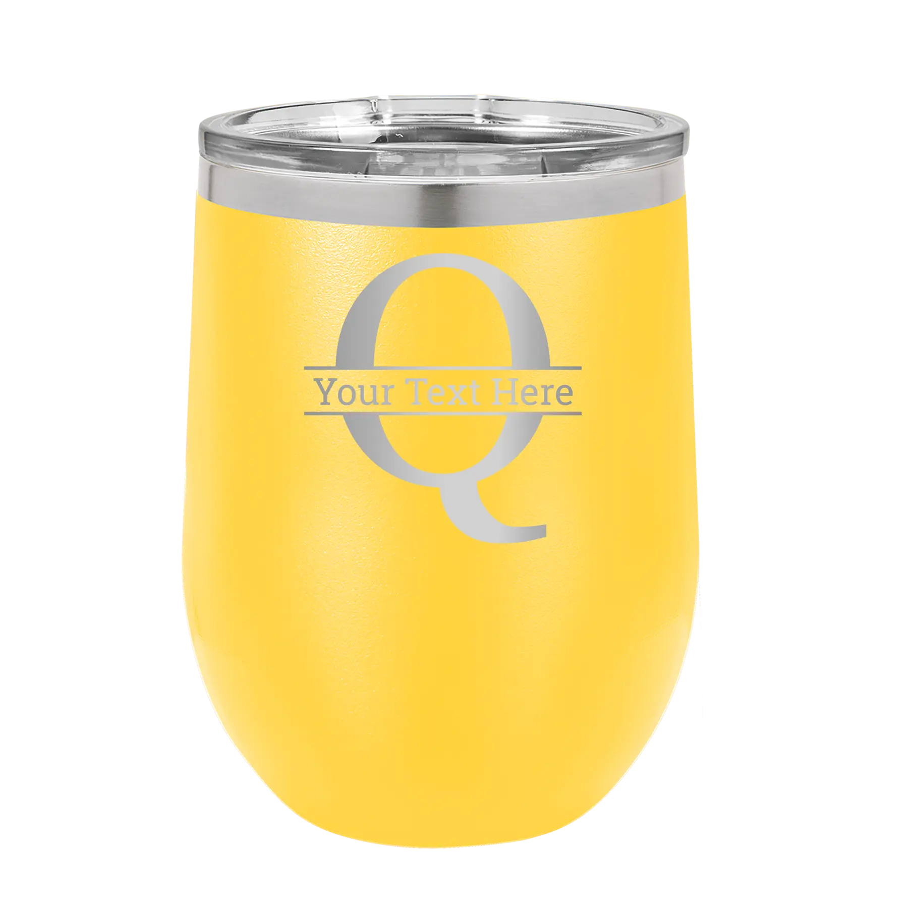 Personalized yellow 12 oz vacuum insulated wine cup with 'Monogram letter Q' design