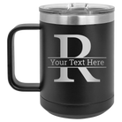 Personalized black 15 oz vacuum insulated coffee mug with 'Monogram letter R' design