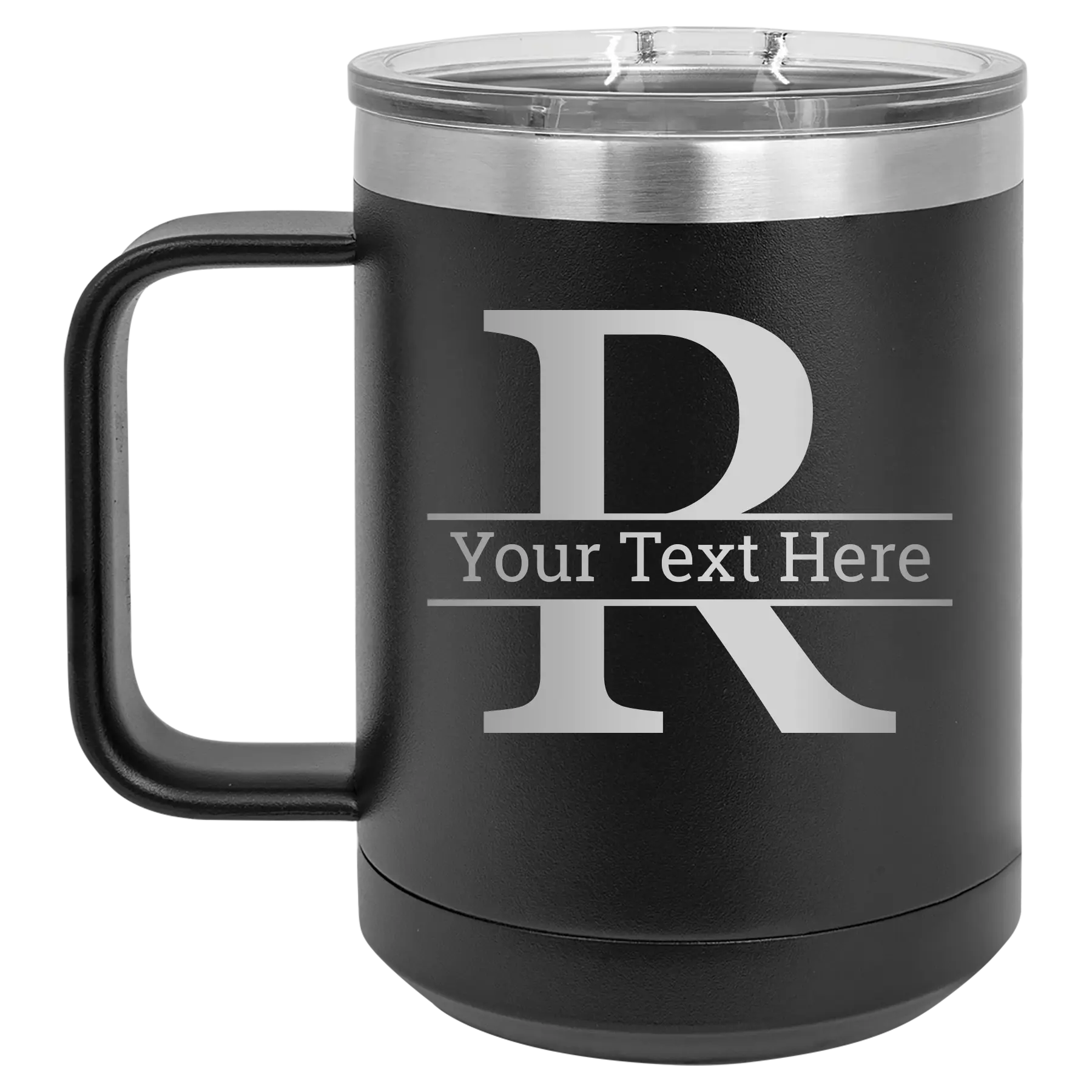 Personalized black 15 oz vacuum insulated coffee mug with 'Monogram letter R' design