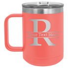 Personalized coral 15 oz vacuum insulated coffee mug with 'Monogram letter R' design