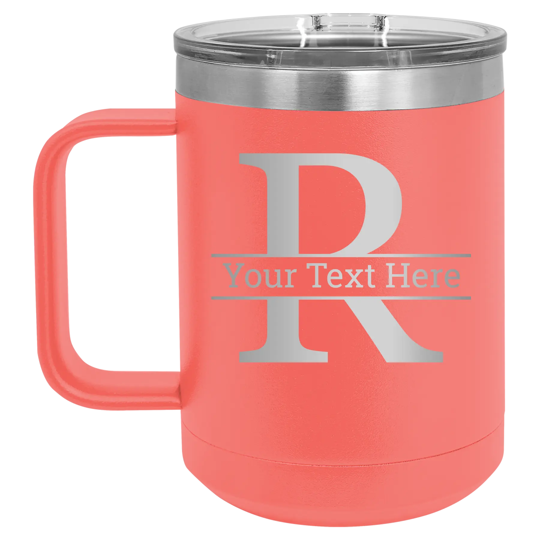 Personalized coral 15 oz vacuum insulated coffee mug with 'Monogram letter R' design