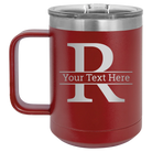 Personalized maroon 15 oz vacuum insulated coffee mug with 'Monogram letter R' design
